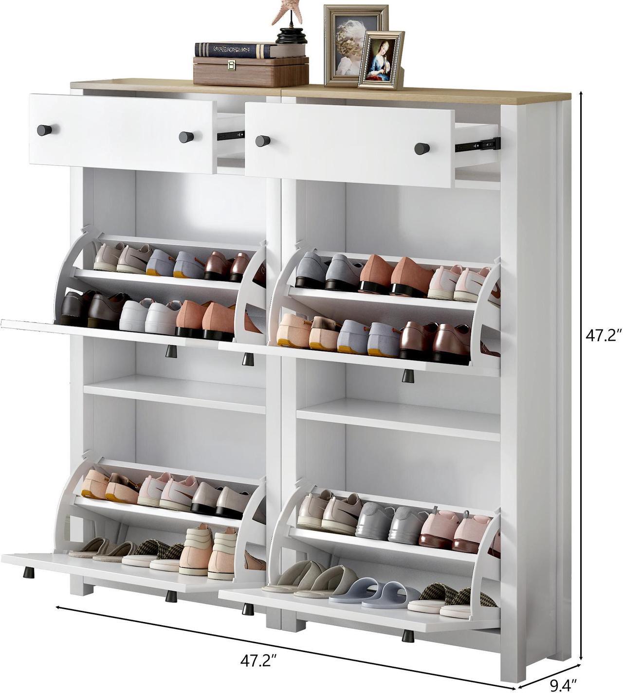 Alt view image 7 of 7 - ON-TREND Slim Shoe Cabinet Set with 4 Flip Drawers, Wood Grain Pattern Top Shoe Storage Solution with Adjustable Panel, Modern Style Shoe Rack with Drawers for Hallway, White