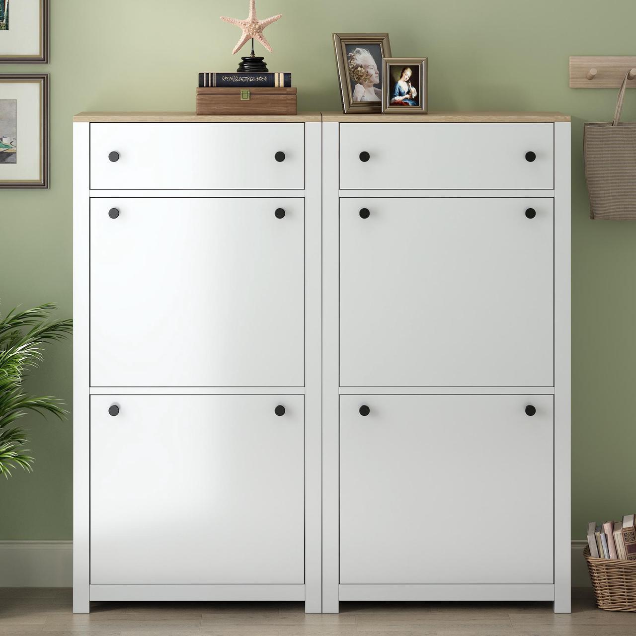 Alt view image 2 of 7 - ON-TREND Slim Shoe Cabinet Set with 4 Flip Drawers, Wood Grain Pattern Top Shoe Storage Solution with Adjustable Panel, Modern Style Shoe Rack with Drawers for Hallway, White