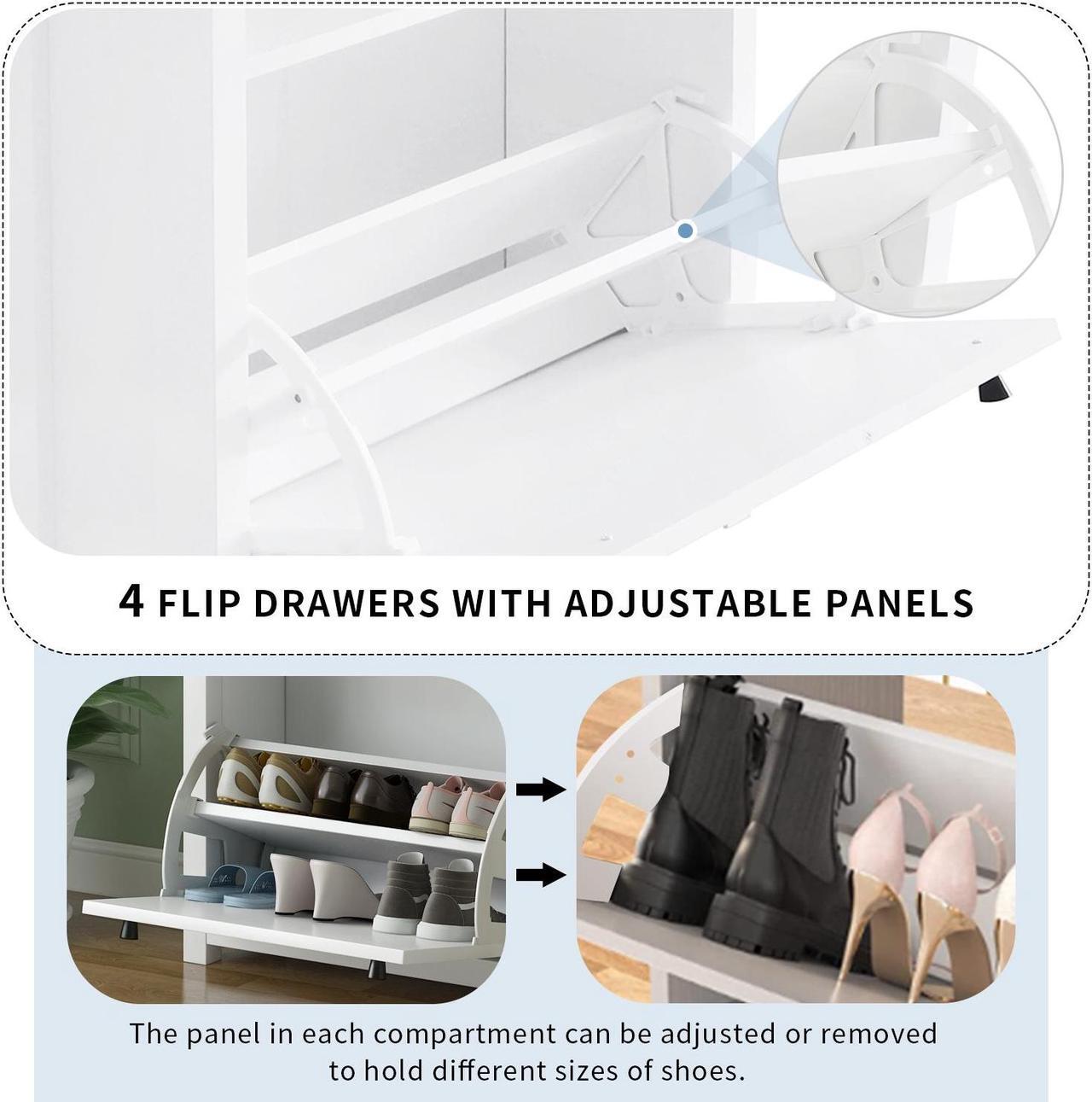 Alt view image 5 of 7 - ON-TREND Slim Shoe Cabinet Set with 4 Flip Drawers, Wood Grain Pattern Top Shoe Storage Solution with Adjustable Panel, Modern Style Shoe Rack with Drawers for Hallway, White