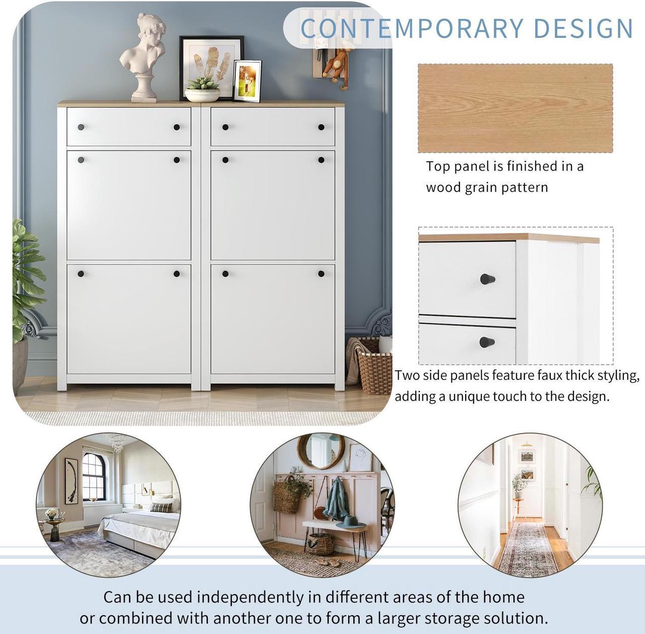 Alt view image 3 of 7 - ON-TREND Slim Shoe Cabinet Set with 4 Flip Drawers, Wood Grain Pattern Top Shoe Storage Solution with Adjustable Panel, Modern Style Shoe Rack with Drawers for Hallway, White