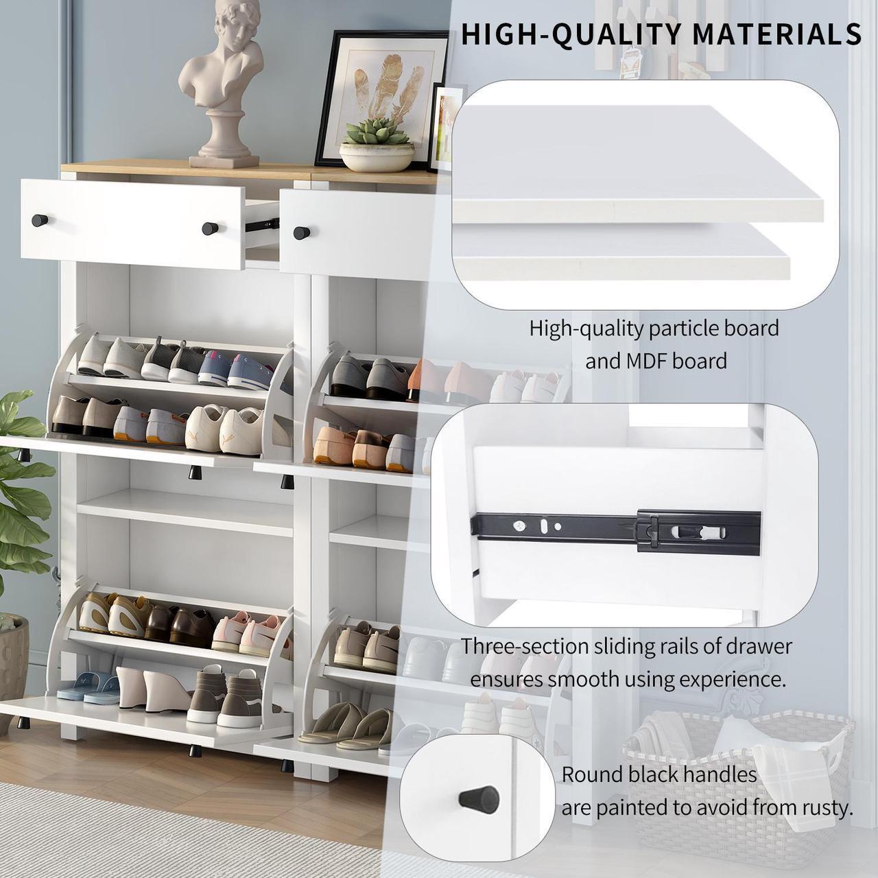 Alt view image 6 of 7 - ON-TREND Slim Shoe Cabinet Set with 4 Flip Drawers, Wood Grain Pattern Top Shoe Storage Solution with Adjustable Panel, Modern Style Shoe Rack with Drawers for Hallway, White