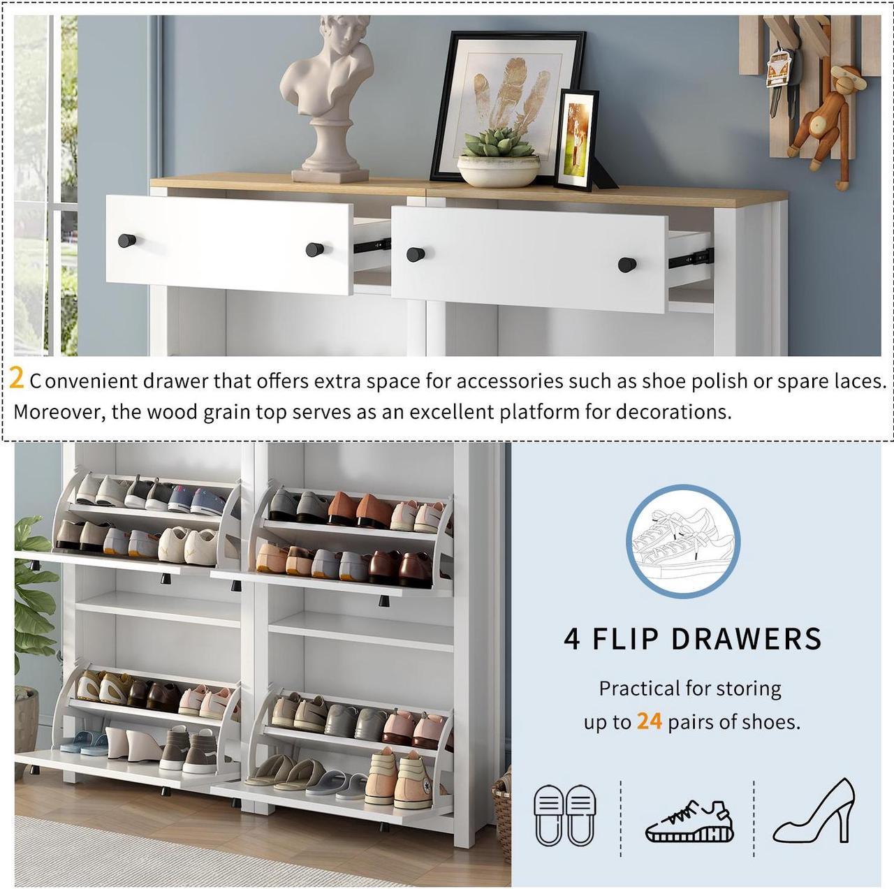 Alt view image 4 of 7 - ON-TREND Slim Shoe Cabinet Set with 4 Flip Drawers, Wood Grain Pattern Top Shoe Storage Solution with Adjustable Panel, Modern Style Shoe Rack with Drawers for Hallway, White