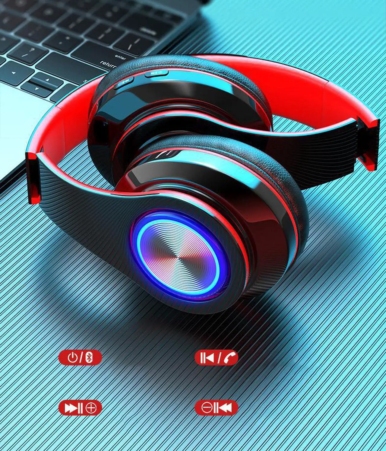 Alt view image 7 of 7 - Gemdeck Bluetooth Headphones, Foldable Wireless and Wired Stereo Headset Micro SD/TF, FM for Cell Phone,PC blackred
