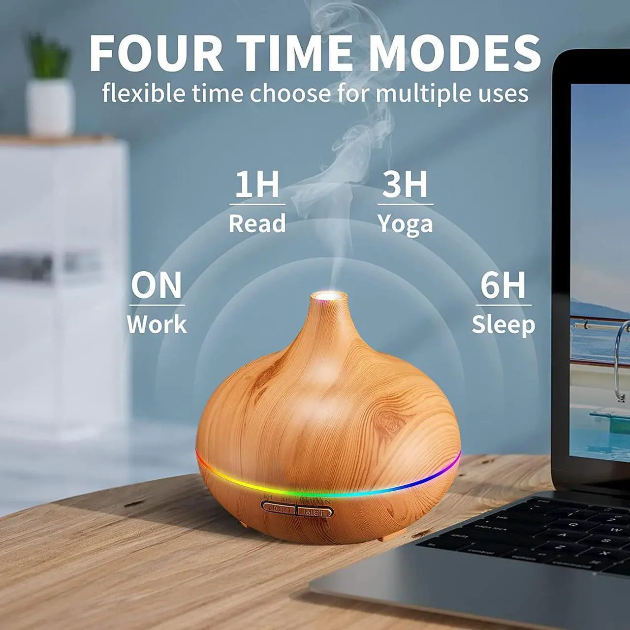 Alt view image 2 of 6 - Gemdeck Aromatherapy Diffuser for Essential Oil Large Room, Wood Grain Diffusers for Bedroom 3 Timer Settings, Cool Mist Humidifier Ultrasonic Diffuser with Soft Light