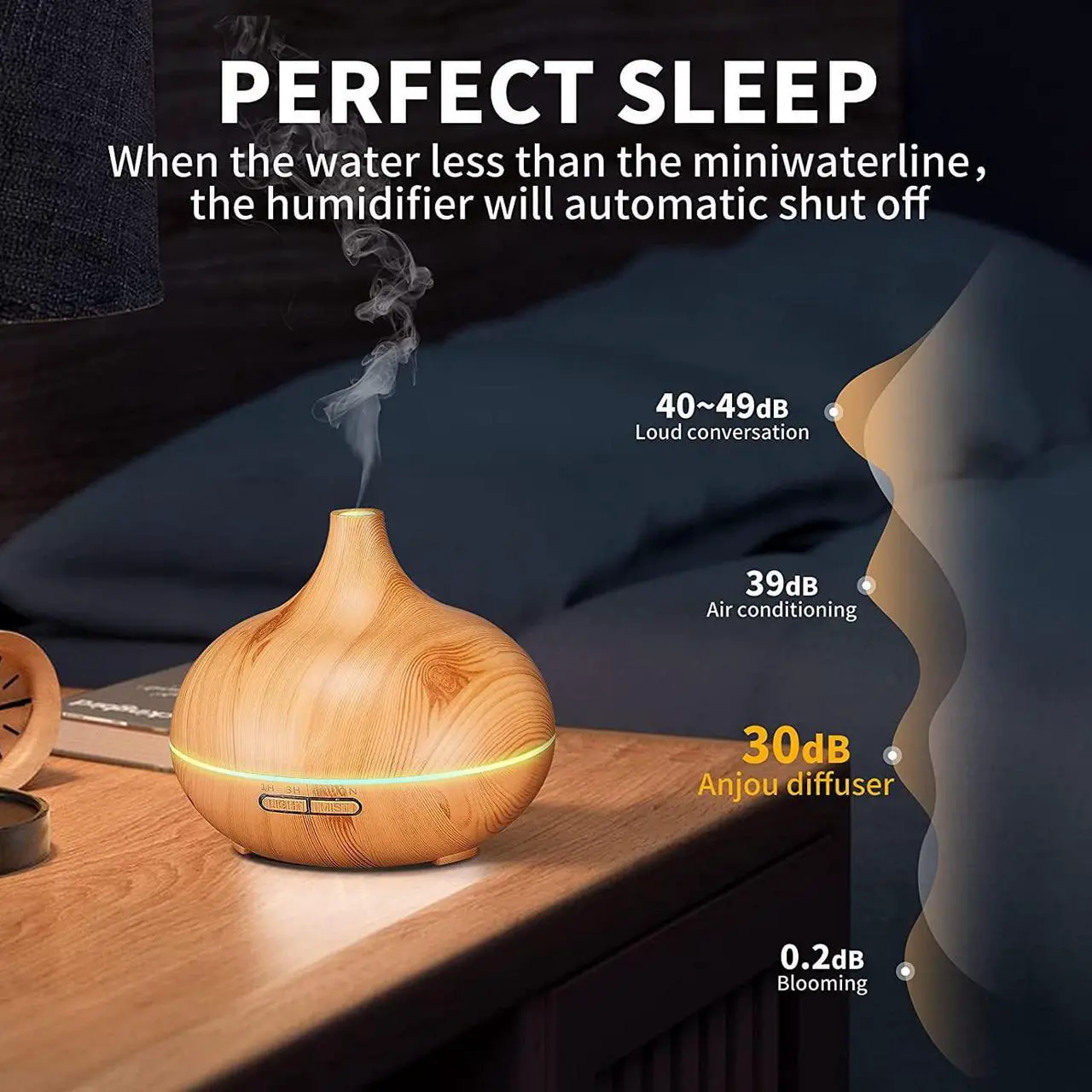 Alt view image 3 of 6 - Gemdeck Aromatherapy Diffuser for Essential Oil Large Room, Wood Grain Diffusers for Bedroom 3 Timer Settings, Cool Mist Humidifier Ultrasonic Diffuser with Soft Light