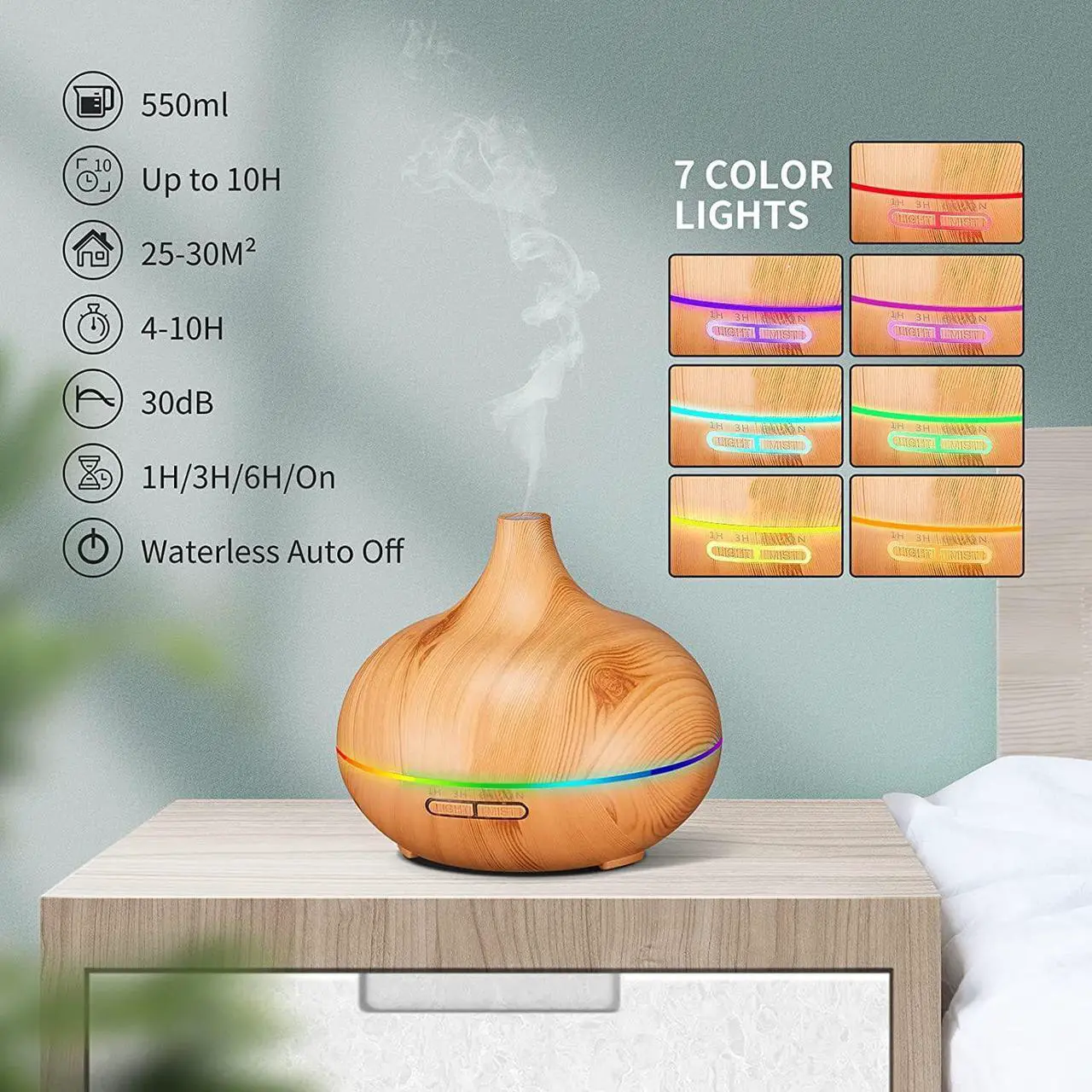Alt view image 5 of 6 - Gemdeck Aromatherapy Diffuser for Essential Oil Large Room, Wood Grain Diffusers for Bedroom 3 Timer Settings, Cool Mist Humidifier Ultrasonic Diffuser with Soft Light