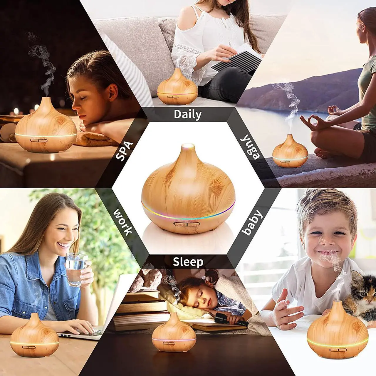 Alt view image 6 of 6 - Gemdeck Aromatherapy Diffuser for Essential Oil Large Room, Wood Grain Diffusers for Bedroom 3 Timer Settings, Cool Mist Humidifier Ultrasonic Diffuser with Soft Light