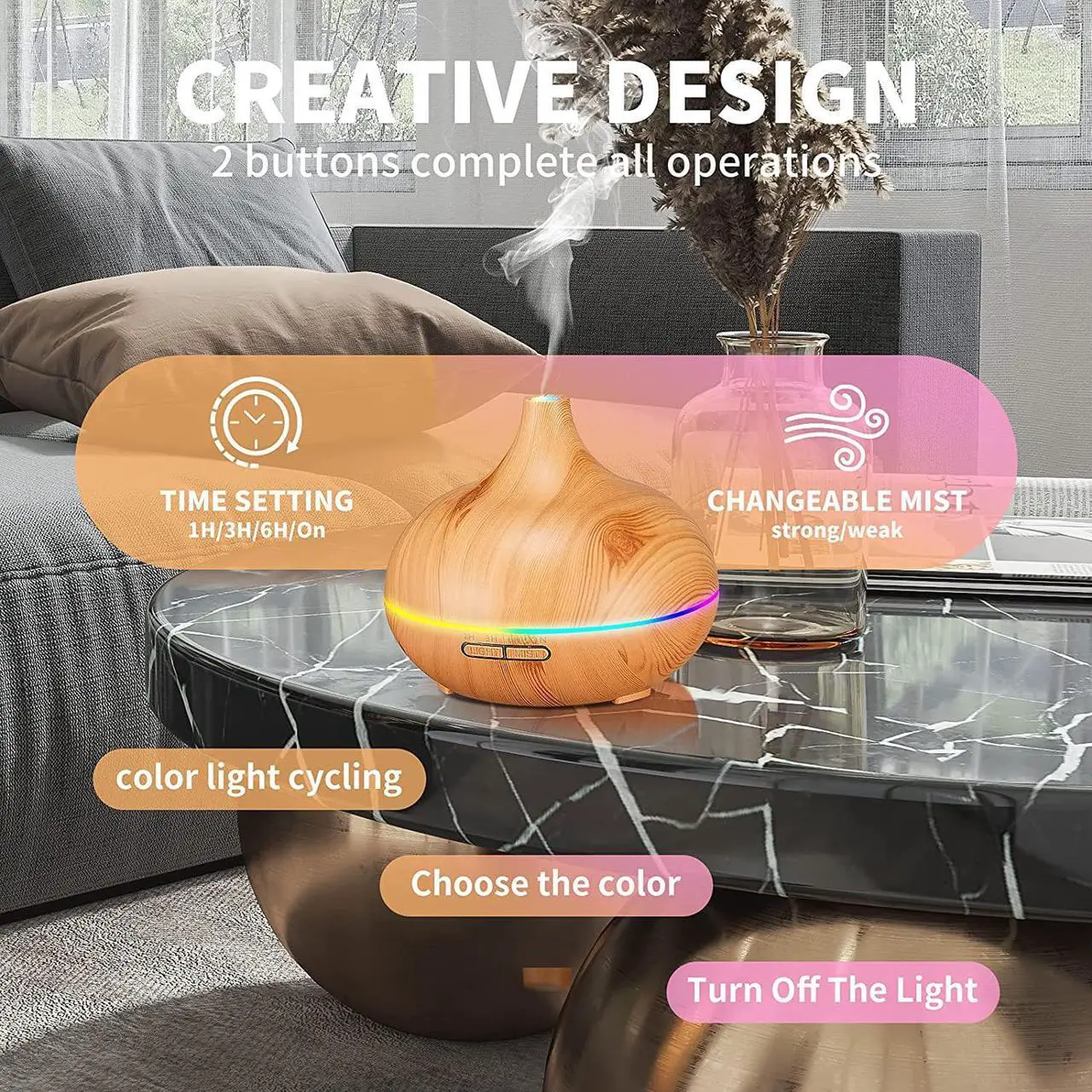 Alt view image 4 of 6 - Gemdeck Aromatherapy Diffuser for Essential Oil Large Room, Wood Grain Diffusers for Bedroom 3 Timer Settings, Cool Mist Humidifier Ultrasonic Diffuser with Soft Light