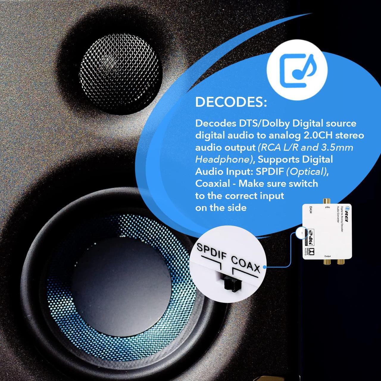 Alt view image 4 of 7 - OREI Digital to Analog Audio Decoder, Convert Decode Dolby Digital Audio SPDIF/Coaxial 5.1-Channel Input to RCA L/R/3.5mm Headphone Output Converter (DA34)