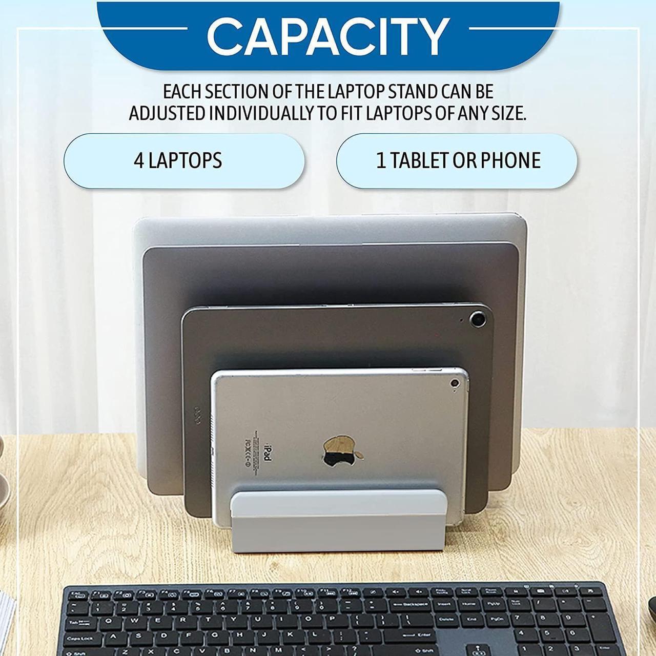 Alt view image 2 of 7 - Elestoria Multiple Laptop Holder Vertical  Adjustable Laptop Vertical Stand Holds 5 Devices, Fits All MacBooks Laptops Tablets and Mobiles (up to 17.3). Closed Upright Vertical Laptop Stand for Desk