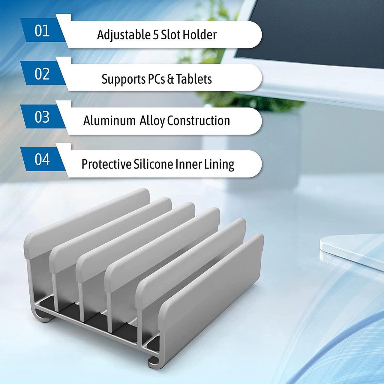 Alt view image 4 of 7 - Elestoria Multiple Laptop Holder Vertical  Adjustable Laptop Vertical Stand Holds 5 Devices, Fits All MacBooks Laptops Tablets and Mobiles (up to 17.3). Closed Upright Vertical Laptop Stand for Desk