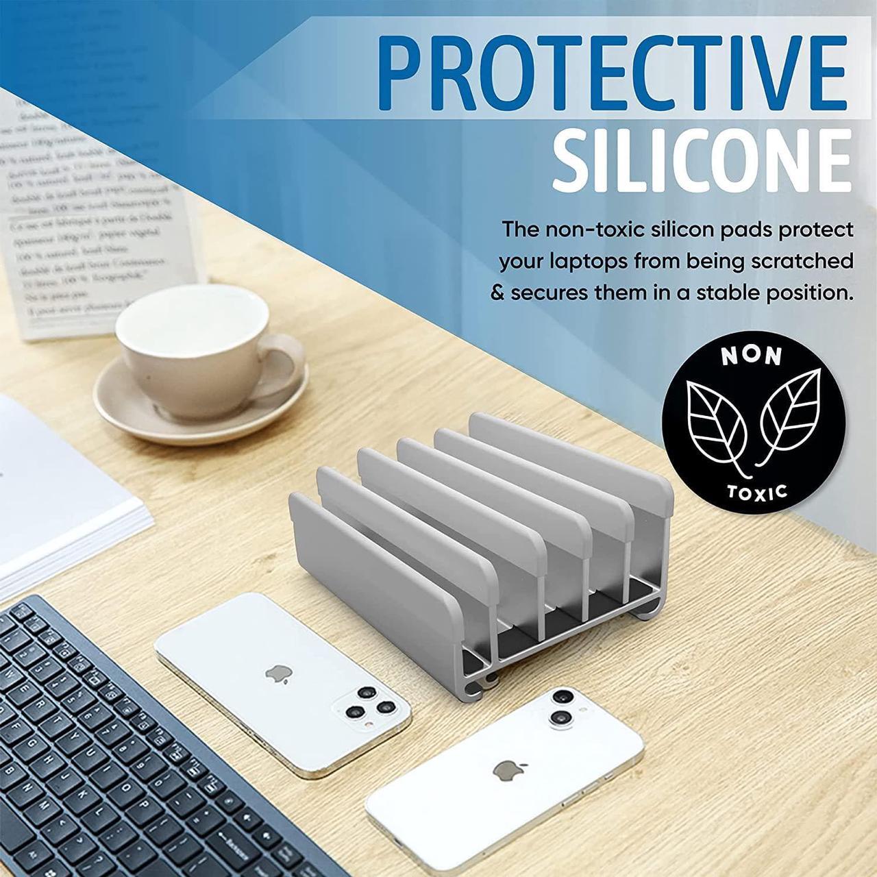 Alt view image 6 of 7 - Elestoria Multiple Laptop Holder Vertical  Adjustable Laptop Vertical Stand Holds 5 Devices, Fits All MacBooks Laptops Tablets and Mobiles (up to 17.3). Closed Upright Vertical Laptop Stand for Desk