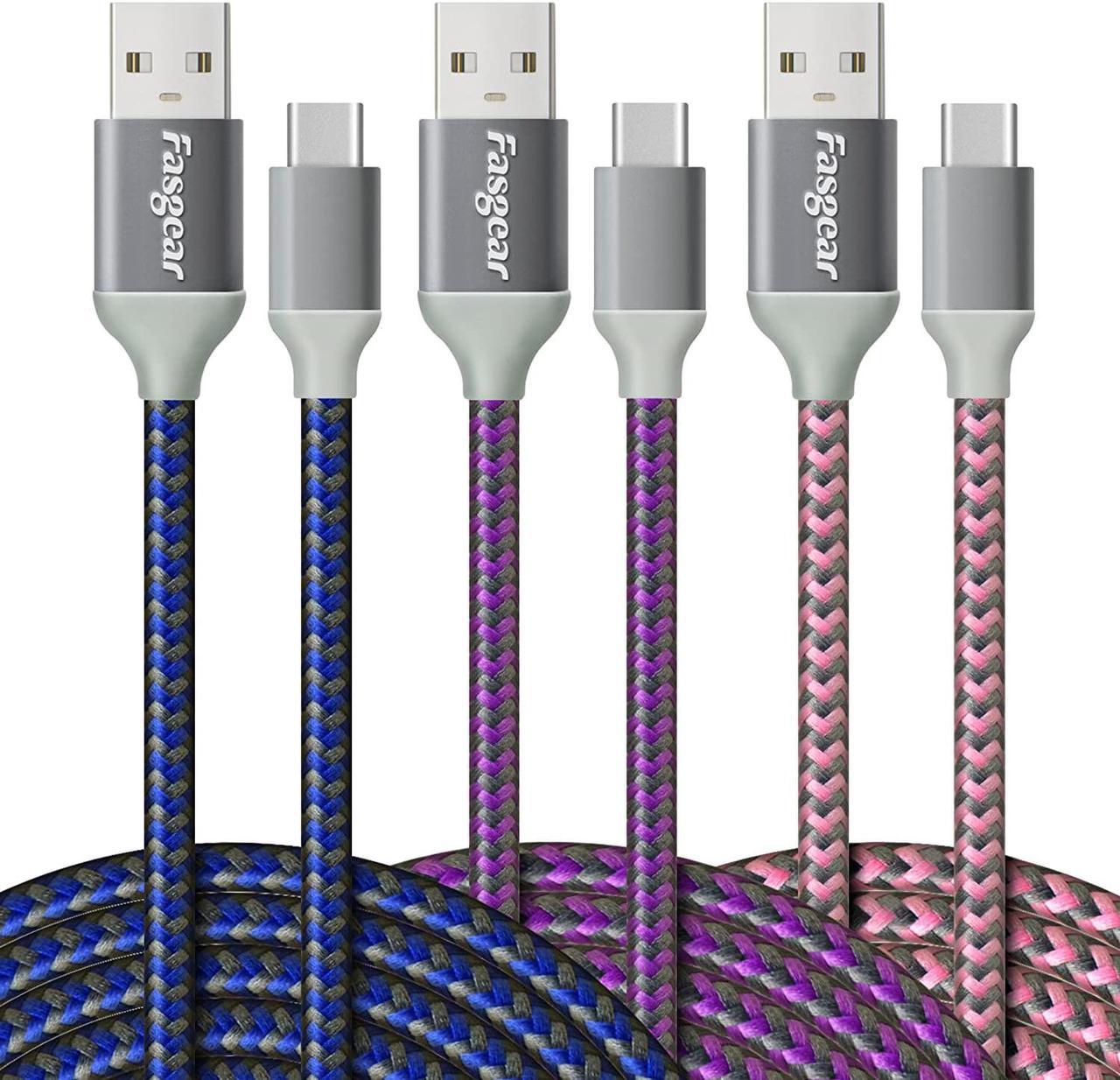 Fasgear USB to USB C Cable, 10ft 3 Pack Type C Cable Long Nylon Braided Fast Charging Compatible with Sumsung Galaxy Note 10 8 9 S8/S9/S10/S10+, LG V20/G6 and More (Blue/Purple/Pink)