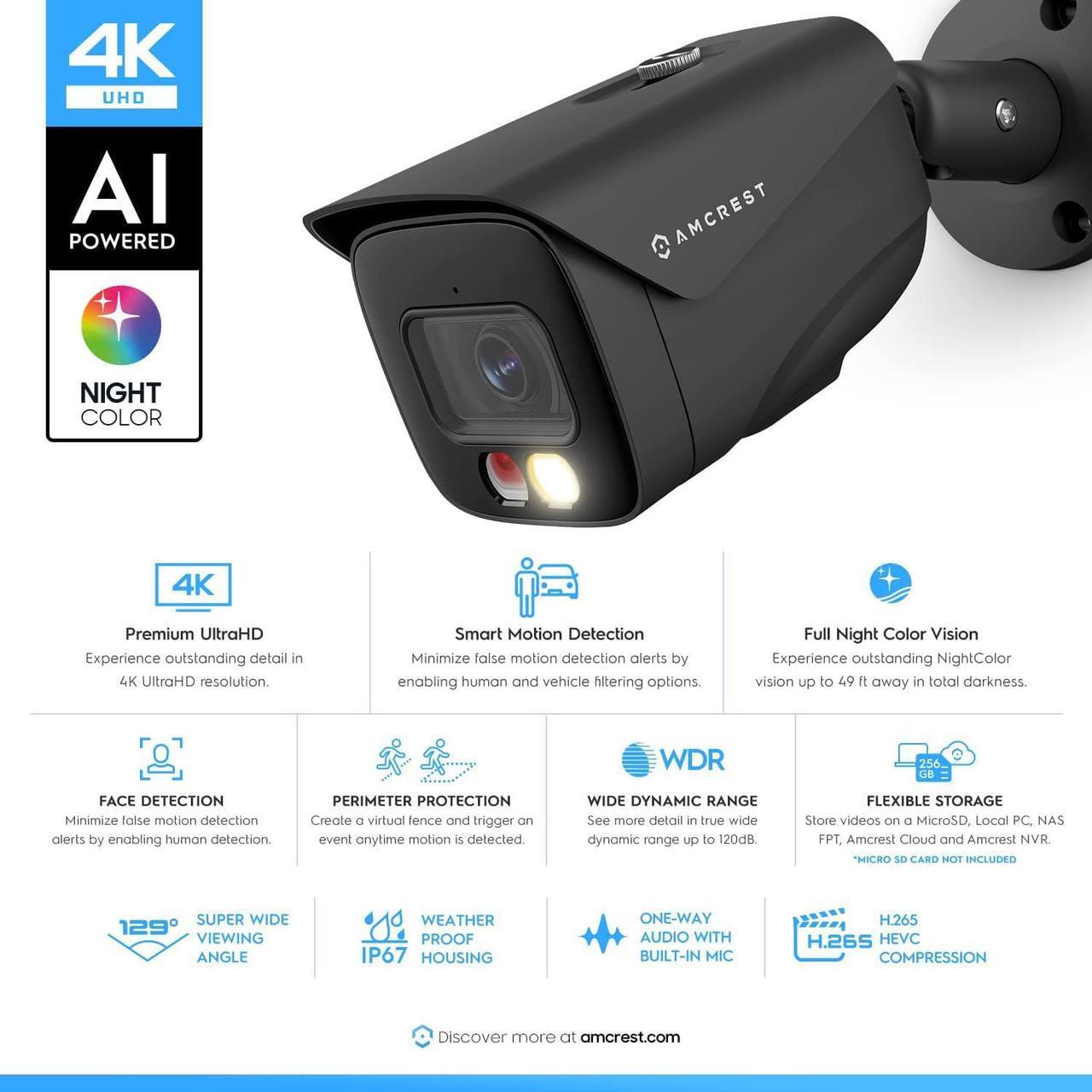 Alt view image 2 of 7 - Amcrest 2-Pack UltraHD 4K IP PoE AI Camera, FOV 129°, 49ft Color Nightvision, Security Outdoor Bullet Camera, Human & Vehicle Detection, Active Deterrent, 4K @15fps, 2PACK-IP8M-2796EB-AI (Black)
