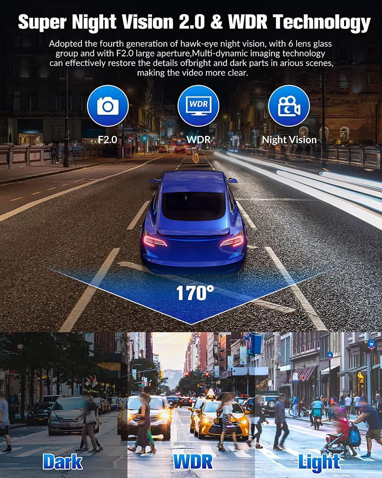 Alt view image 3 of 7 - Dash Camera for Cars,4K Car Camera Full UHD Dash Cam Front Rear with Free 32GB SD Card,Built-in Super Night Vision,2.0'' IPS Screen,170°Wide Angle,WDR, Loop Recording, 24H Parking Mode