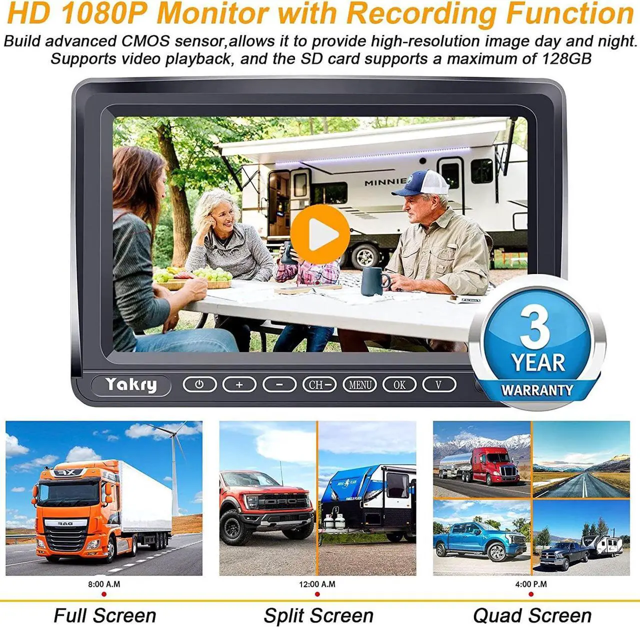Alt view image 4 of 7 - RV Backup Camera Wireless Plug and Play: Pre-Wired for Furrion System Recording Wide View Rear View Camera Clear Night Vision HD 1080P 7'''' Touch Key Monitor for Trailer Camper Motorhome Yakry Y27-N