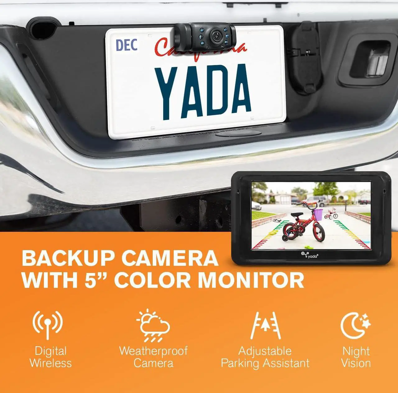 Alt view image 2 of 5 - YADA | Vehicle Backup Camera System, 5 Dash Cam, Rear View Car Monitor, Digital Wireless, Night Vision, Waterproof, Split View, Universal Compatibility for Cars, Trucks, RVs