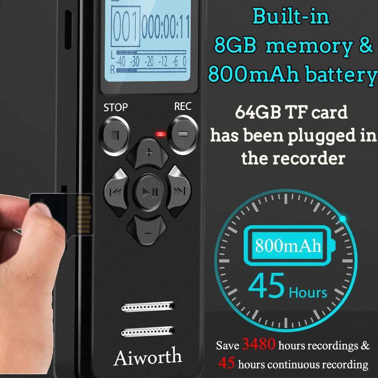 Alt view image 3 of 7 - 72GB Digital Voice Recorder Voice Activated Recorder for Lectures Meetings - aiworth 5220 Hours Sound Audio Recorder Dictaphone Recording Device with Playback,MP3 Player,Password,Variable Speed