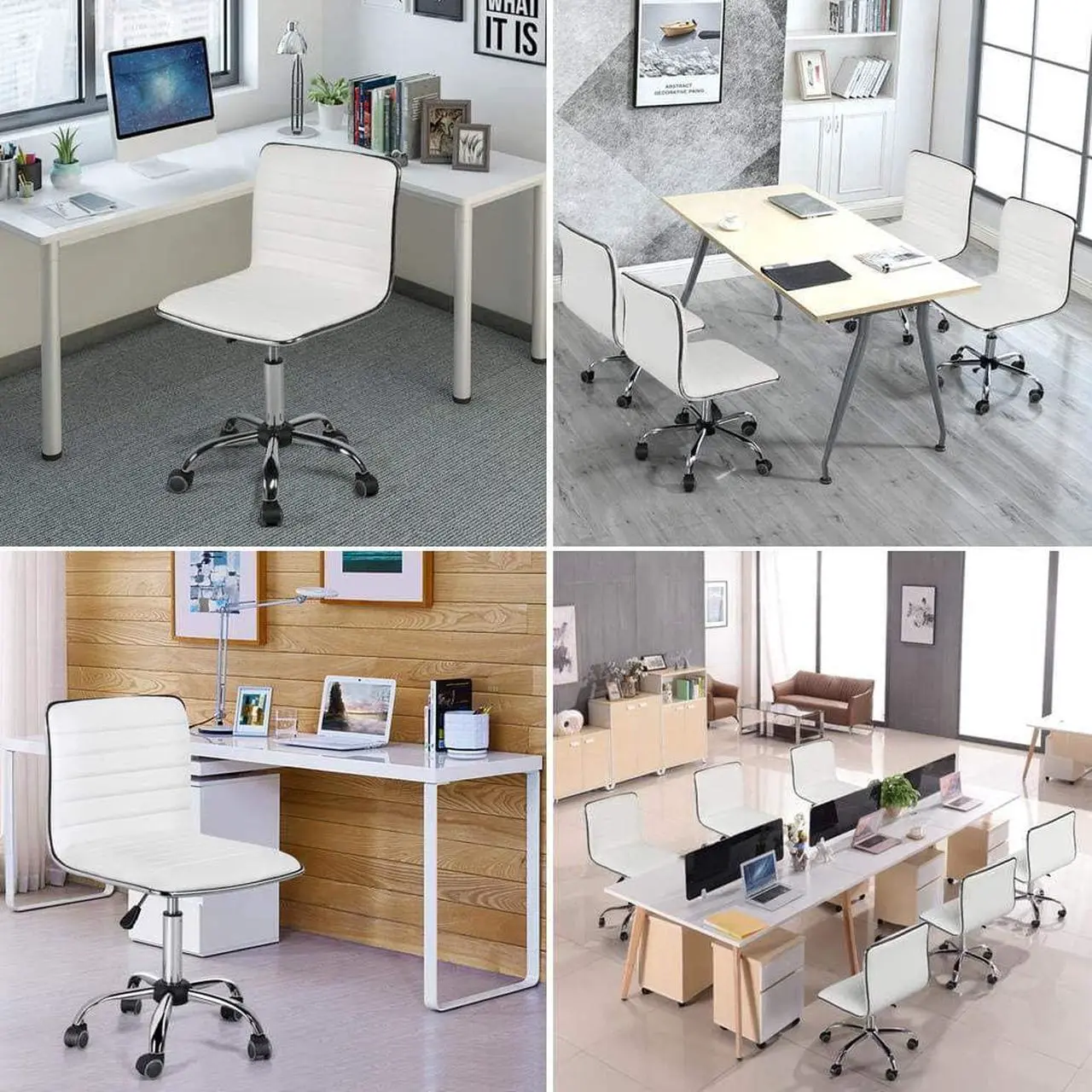 Alt view image 3 of 7 - Topeakmart Office Task Chair Faux Leather Low Back Ribbed Armless Swivel Desk Chair Office Chair w/Wheels White
