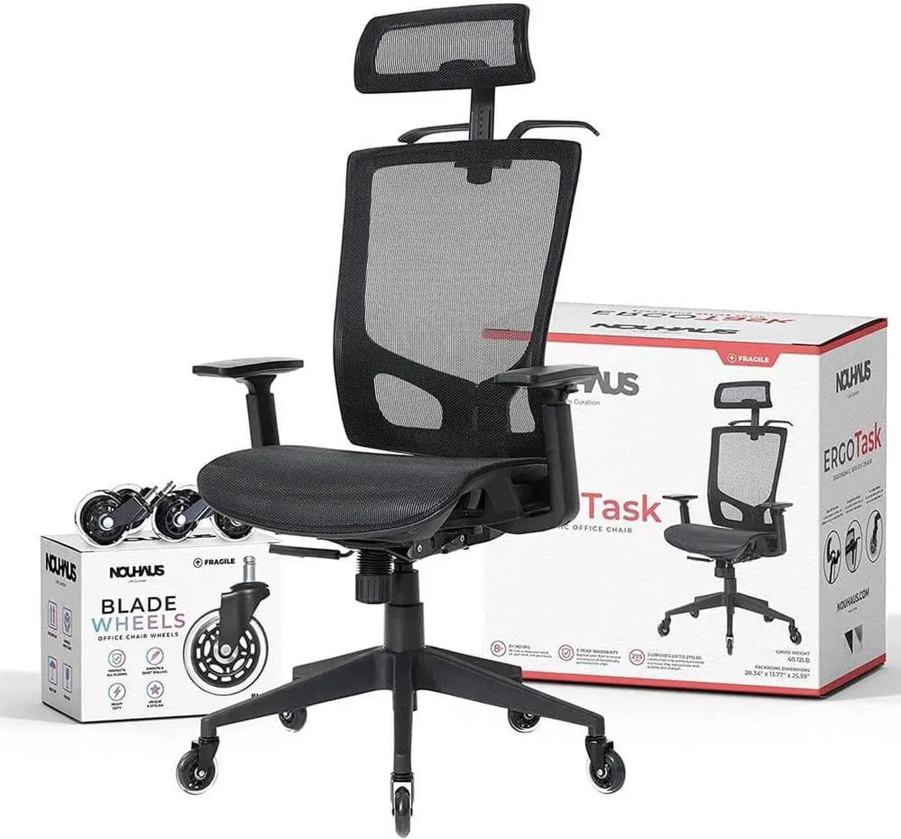 Main image of Nouhaus ErgoTASK  Ergonomic Task Chair, Computer Chair and Office Chair with Headrest. Rolling Swivel Chair with Rollerblade Wheels (Black)