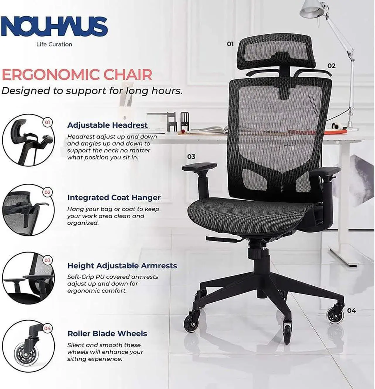 Alt view image 2 of 5 - Nouhaus ErgoTASK  Ergonomic Task Chair, Computer Chair and Office Chair with Headrest. Rolling Swivel Chair with Rollerblade Wheels (Black)