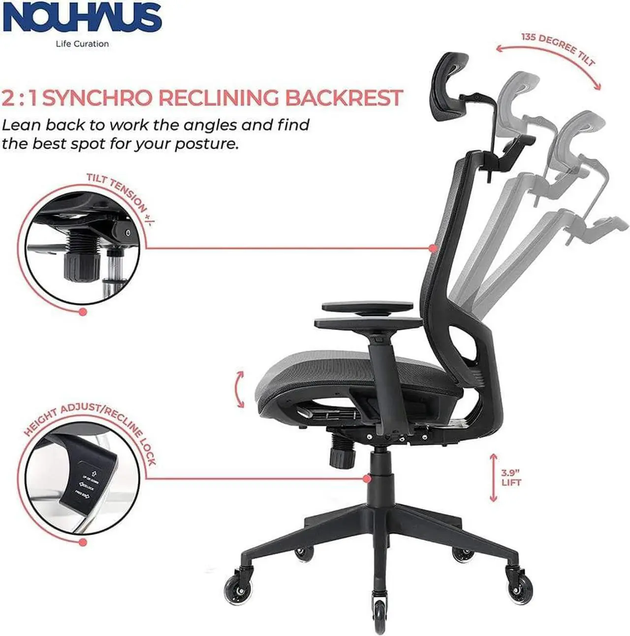 Alt view image 3 of 5 - Nouhaus ErgoTASK  Ergonomic Task Chair, Computer Chair and Office Chair with Headrest. Rolling Swivel Chair with Rollerblade Wheels (Black)