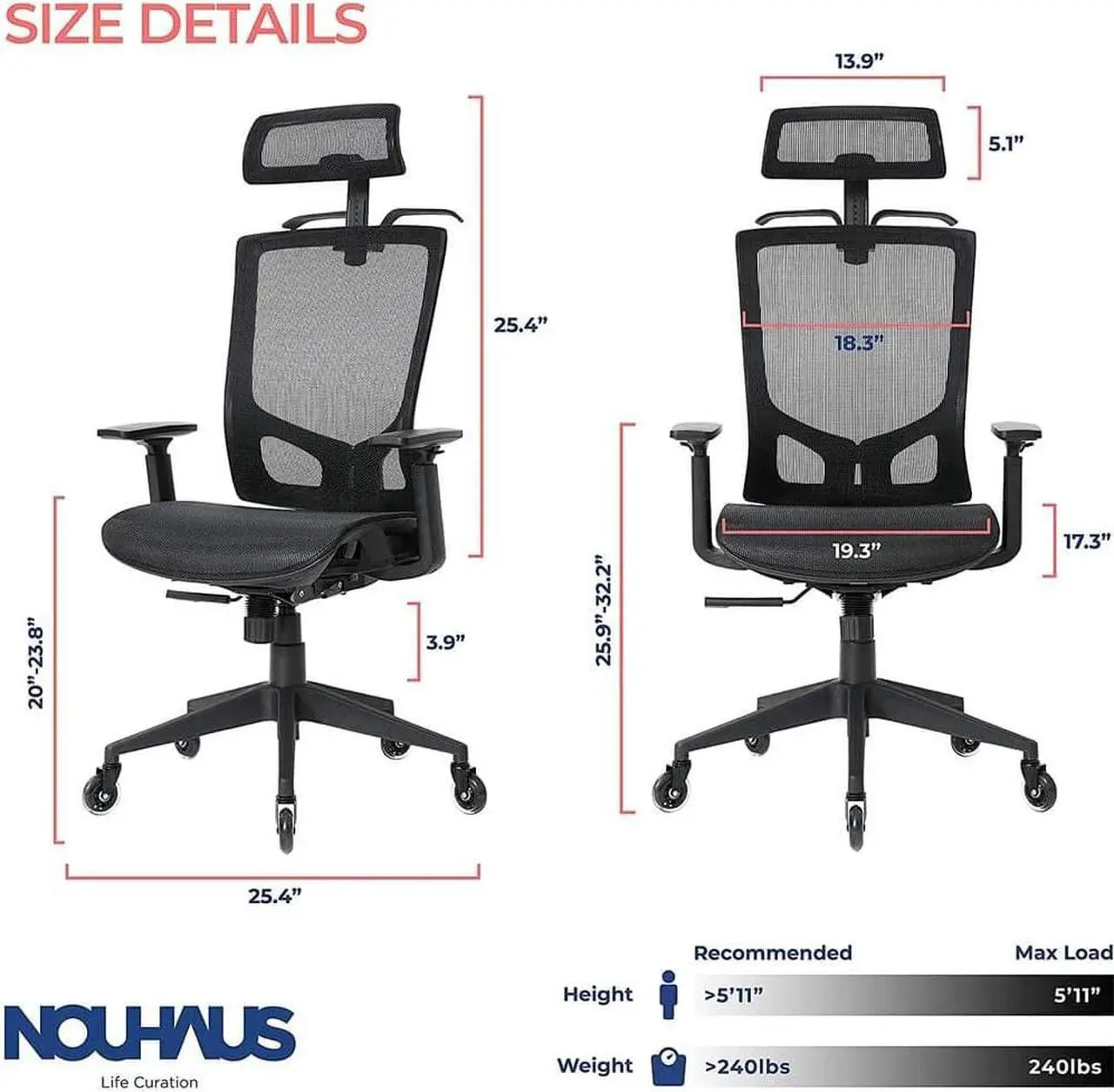 Alt view image 5 of 5 - Nouhaus ErgoTASK  Ergonomic Task Chair, Computer Chair and Office Chair with Headrest. Rolling Swivel Chair with Rollerblade Wheels (Black)