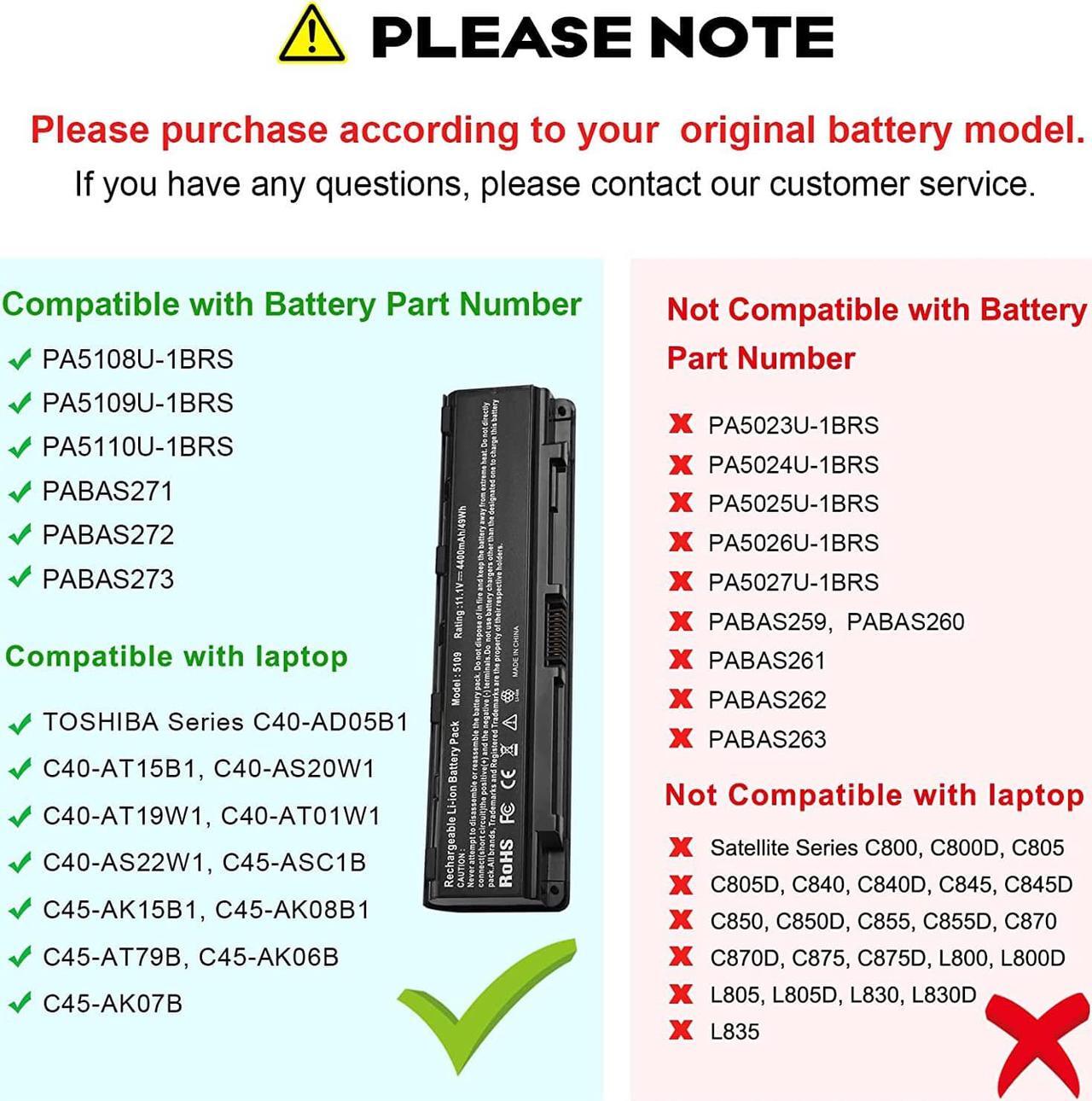 Alt view image 2 of 7 - PA5109U-1BRS PABAS272 Battery for Toshiba PABAS271 PABAS273 PA5110U-1BRS PA5108U-1BRS C55 A5300 C55-A5302 C55-A5308 C55-A5309 C55D-A5150 S75-A7334 C55D-A5381 C55-A5135 C55-A5172 C75D-A7223 L75-B7150