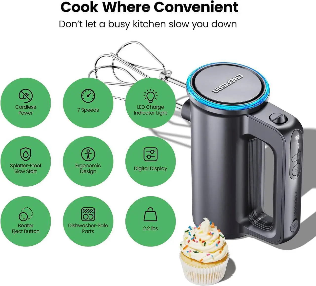 Alt view image 2 of 7 - Cordless Hand Mixer, 7 Speed Electric Handheld Kitchen Food Mixer, Easily Whisk Eggs, Whip Cream, or Mix Cookie Dough, Digital Display, Dishwasher Safe Parts, and LED Charge Indicator Light