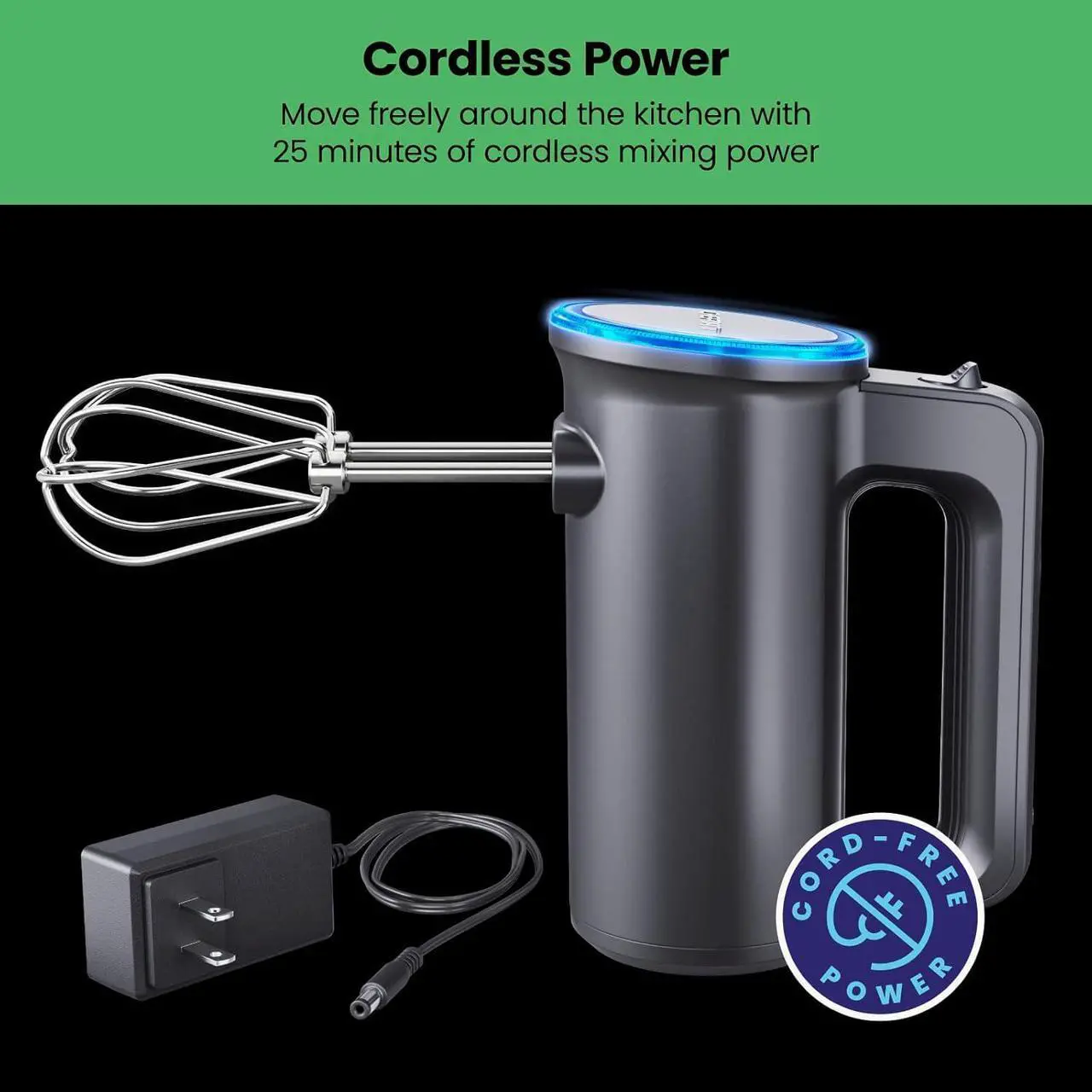 Alt view image 3 of 7 - Cordless Hand Mixer, 7 Speed Electric Handheld Kitchen Food Mixer, Easily Whisk Eggs, Whip Cream, or Mix Cookie Dough, Digital Display, Dishwasher Safe Parts, and LED Charge Indicator Light