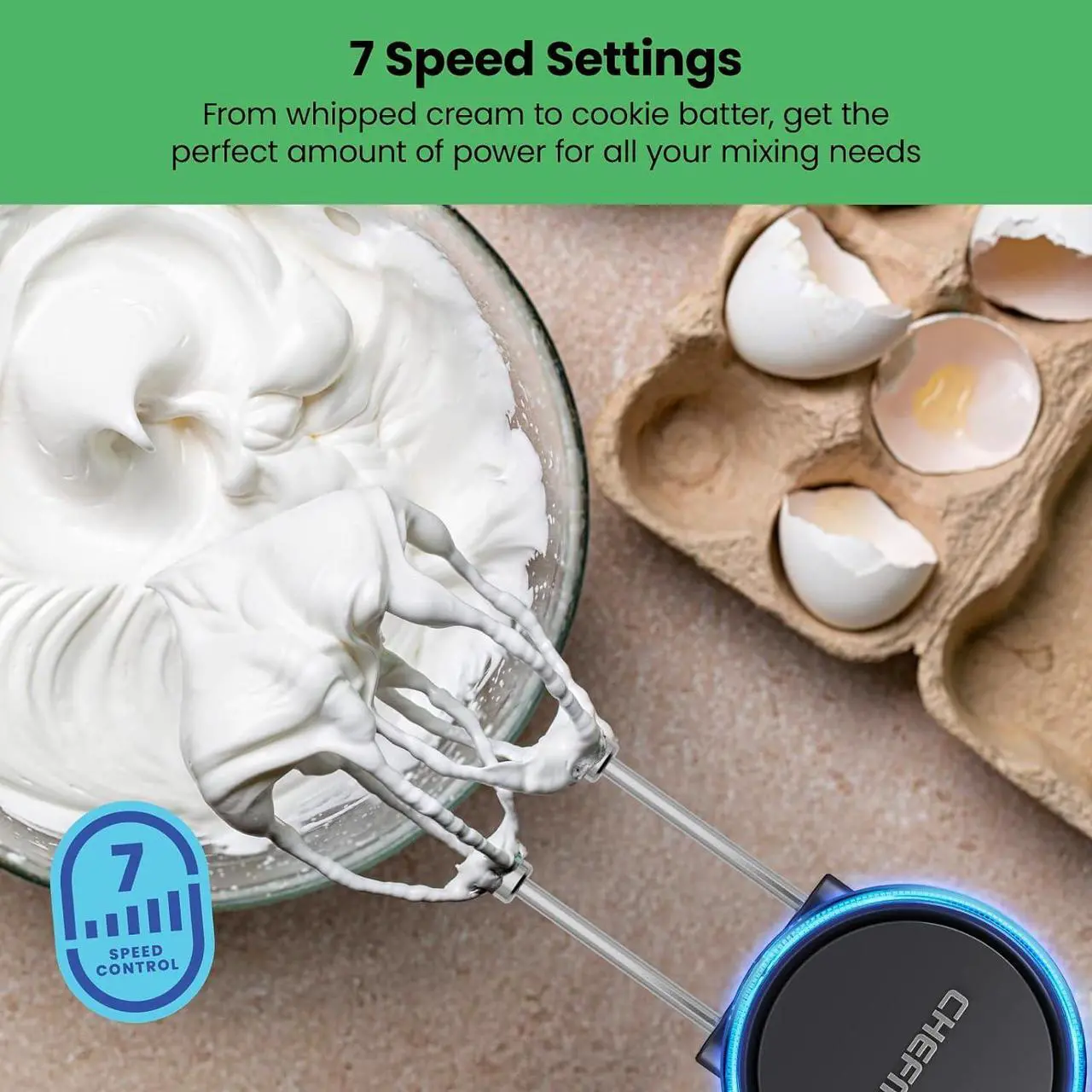 Alt view image 4 of 7 - Cordless Hand Mixer, 7 Speed Electric Handheld Kitchen Food Mixer, Easily Whisk Eggs, Whip Cream, or Mix Cookie Dough, Digital Display, Dishwasher Safe Parts, and LED Charge Indicator Light