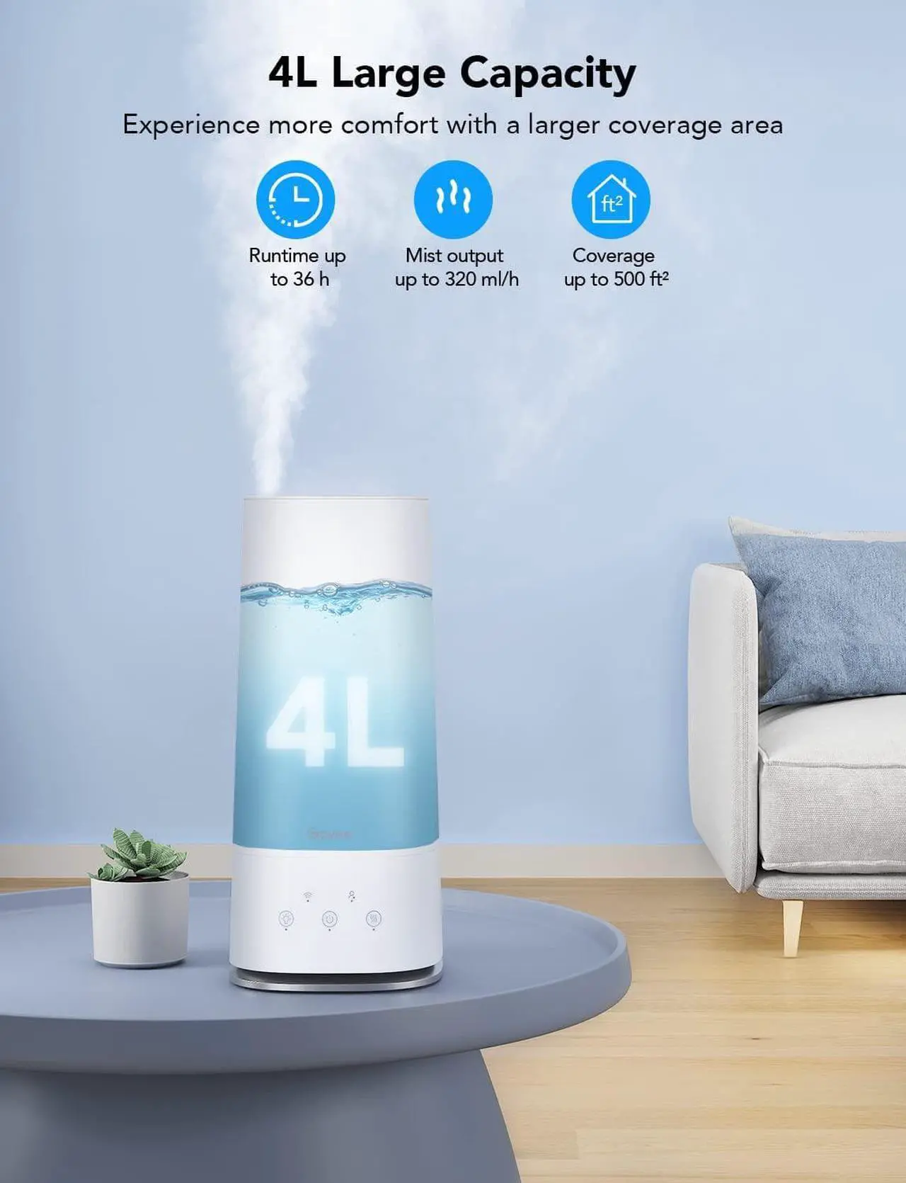 Alt view image 4 of 7 - 4L Smart Humidifiers for Bedroom with Hygrometer Thermometer, Top Fill Cool Mist Humidifier, WiFi Voice & Remote Control, Auto Mode, Air Humidifier for Baby and Plants, Lasts up to 36 Hours