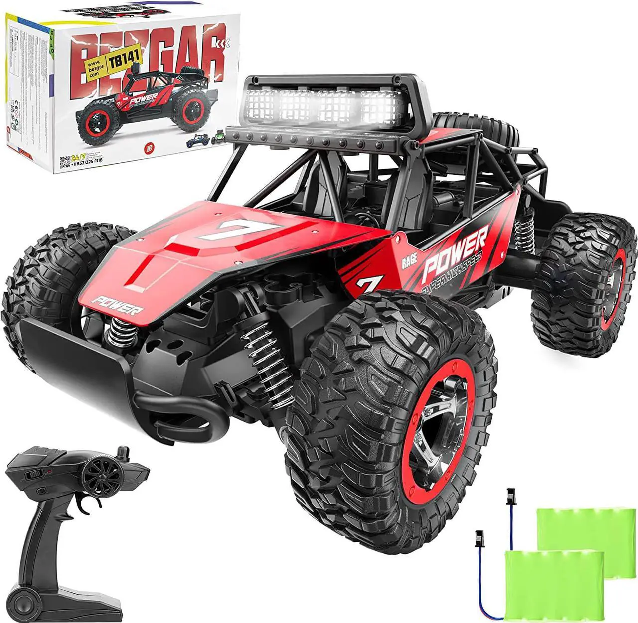 Main image of BEZGAR TB141 RC Cars -1:14 Rc Cars for Boys Age 4-7 with Two Rechargeable Batteries, Fast Rc Monster Truck for Kids & Adults, All Terrains Remote Control Car for Boys 8-12 with LED Headlight (Red)