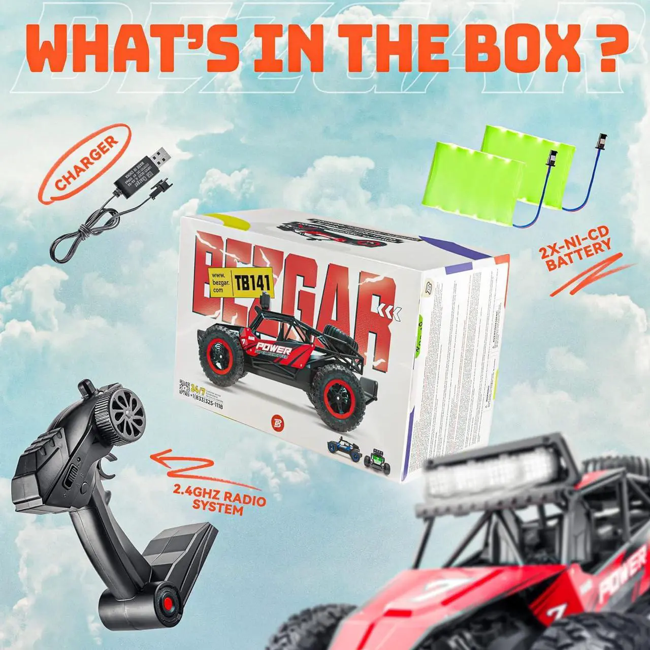 Alt view image 3 of 7 - BEZGAR TB141 RC Cars -1:14 Rc Cars for Boys Age 4-7 with Two Rechargeable Batteries, Fast Rc Monster Truck for Kids & Adults, All Terrains Remote Control Car for Boys 8-12 with LED Headlight (Red)