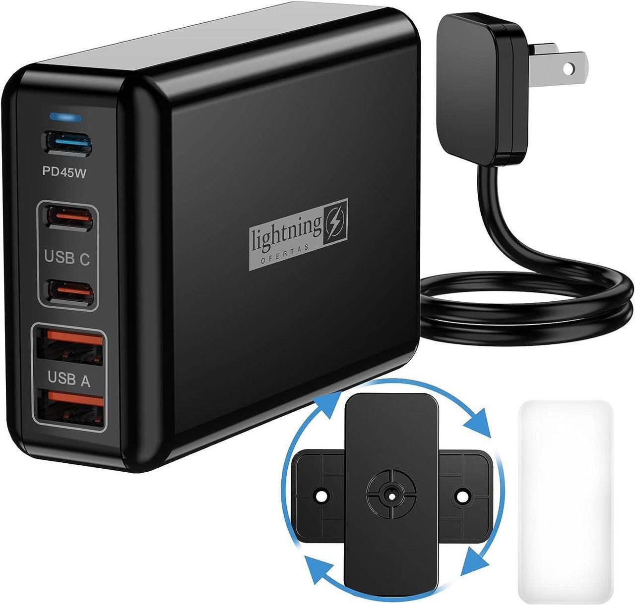 Main image of Fast Charger USB C 100W 5 Ports Charging Blocks Ultra Thin Flat Plug USB Charging Hub with 360° Rotated Adhesive Punch-Free Holder Charging Station for Laptops Tablets Cellphones Stuff