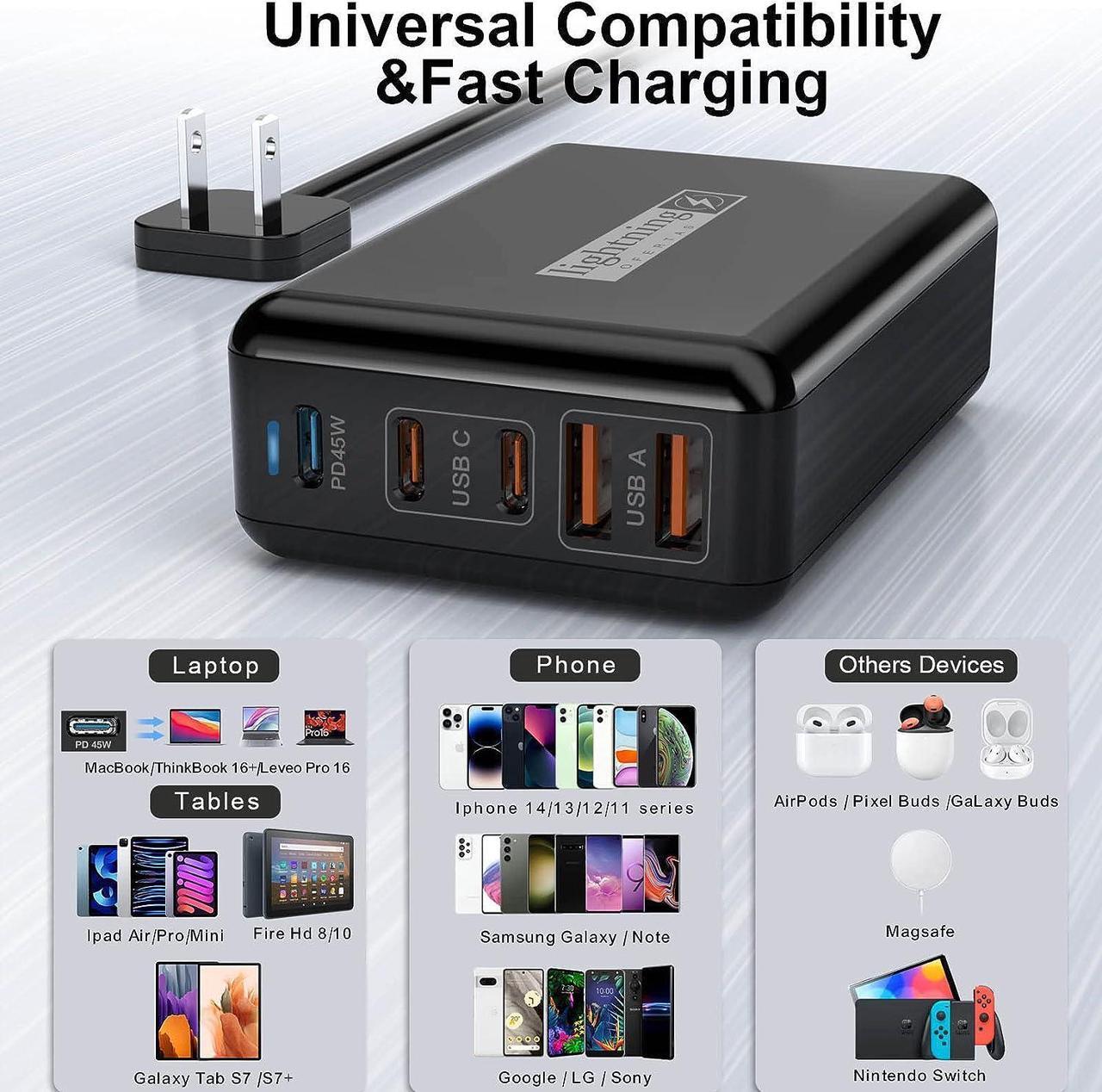 Alt view image 2 of 7 - Fast Charger USB C 100W 5 Ports Charging Blocks Ultra Thin Flat Plug USB Charging Hub with 360° Rotated Adhesive Punch-Free Holder Charging Station for Laptops Tablets Cellphones Stuff