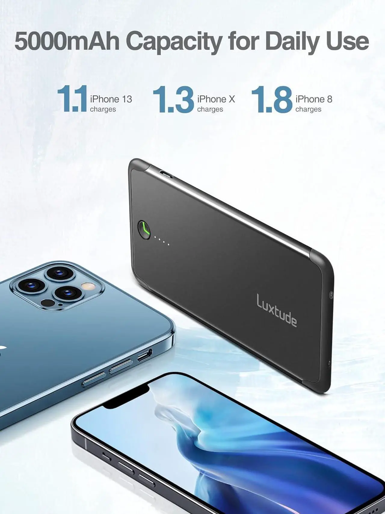 Alt view image 4 of 7 - Luxtude 5000mAh Portable Charger iPhone Built in Lightning Cable (MFi Apple Certified), Ultra Slim External Battery Pack, Fast Charge Power Bank for iPhone 14/13/12/11 Pro/X/XR/XS Max/10/8/7/6S etc.