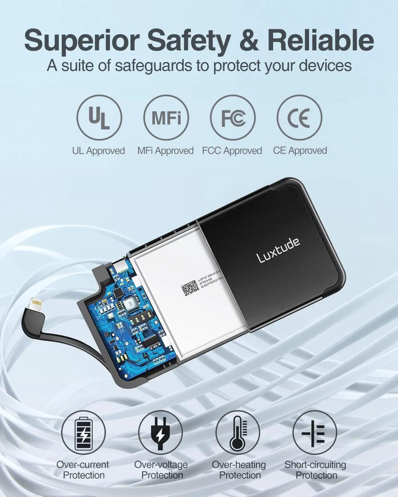 Alt view image 5 of 7 - Luxtude 5000mAh Portable Charger iPhone Built in Lightning Cable (MFi Apple Certified), Ultra Slim External Battery Pack, Fast Charge Power Bank for iPhone 14/13/12/11 Pro/X/XR/XS Max/10/8/7/6S etc.