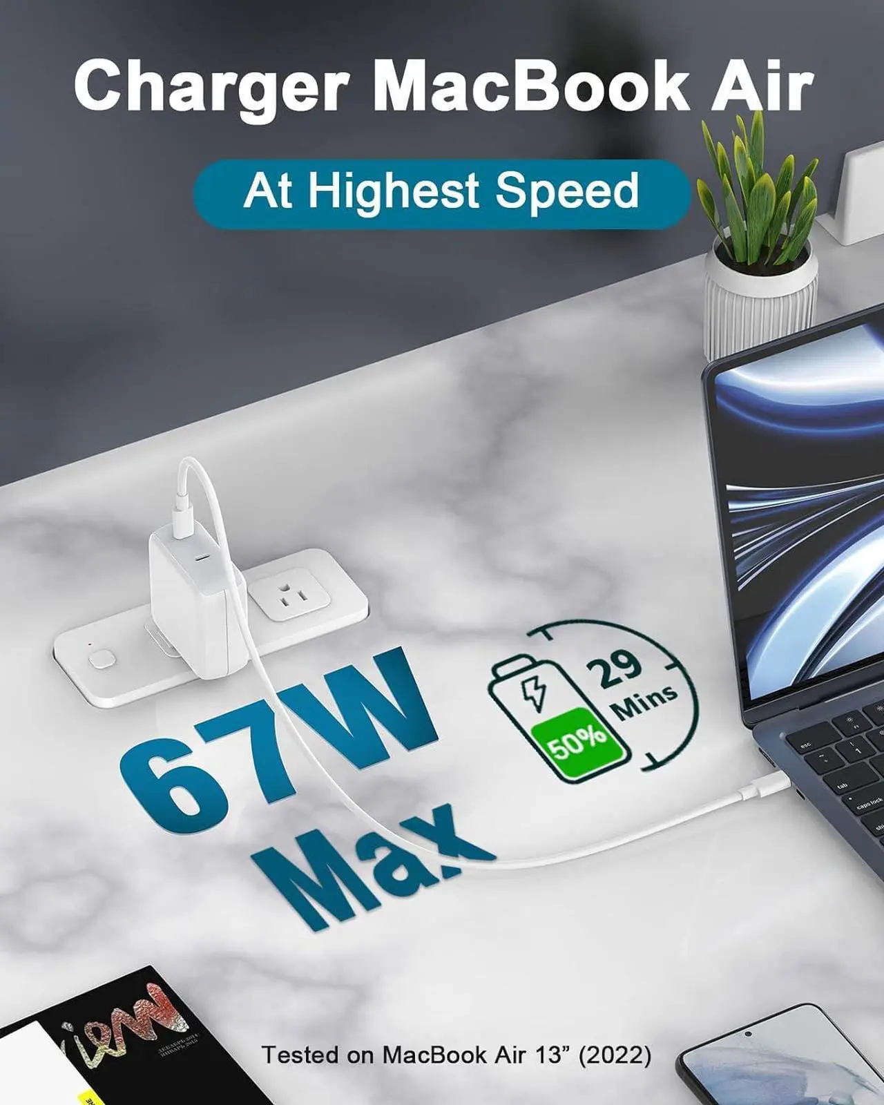 Alt view image 2 of 7 - Charger for MacBook Air MacBook Pro 13 14 15 16 inch 2024 2023 2022 2021 2020 2019, M1 M2 M3, iPad Pro Air Mini, iPhone 15 Pro Max Plus, 67W Dual Port USB C Power Adapter, 6.6FT USB-C Charging Cable