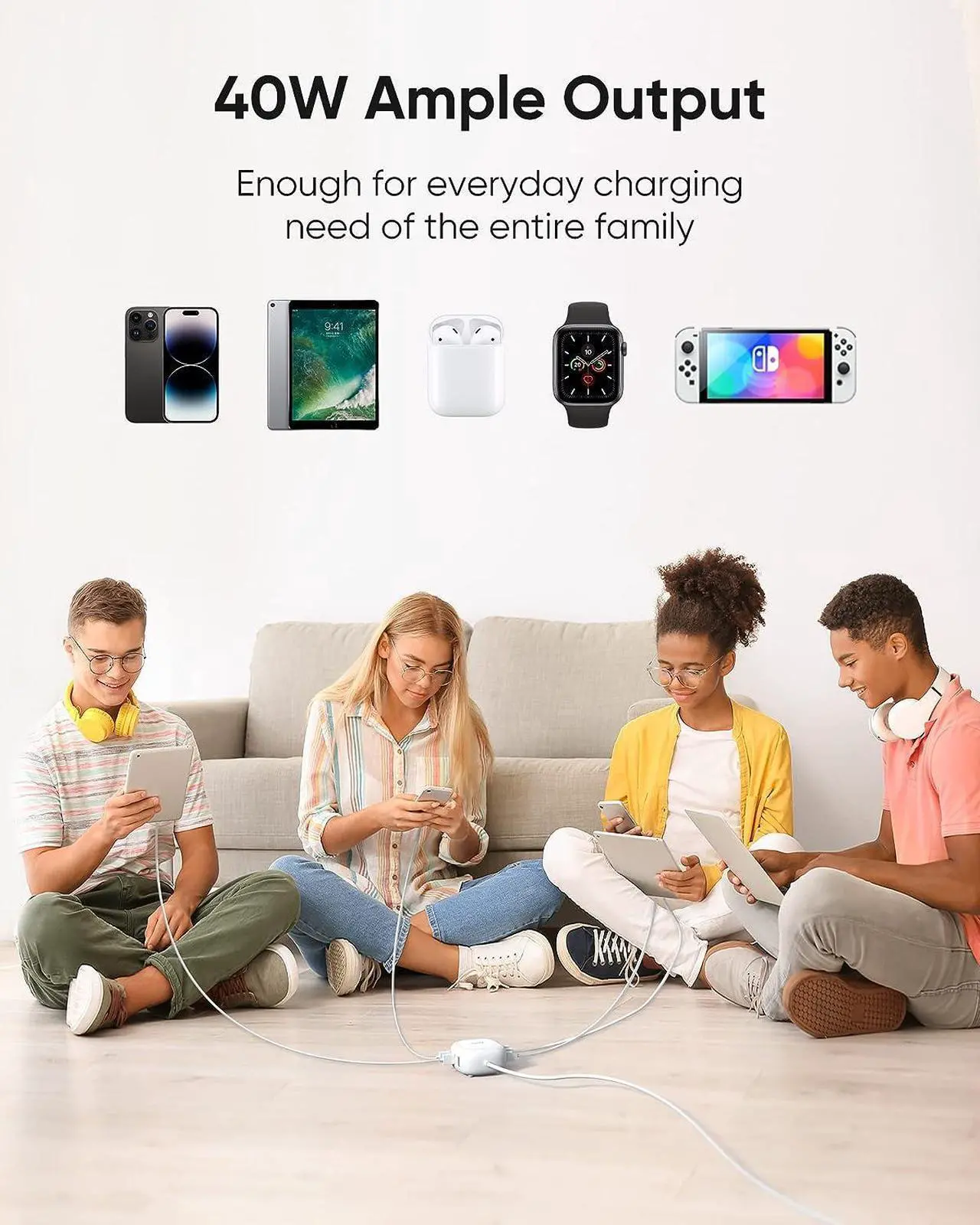 Alt view image 6 of 7 - SUPERDANNY 6-Port USB Charger, 40W 8A Mini USB Charging Station, Charging Station for Multiple Devices, 4ft Cable, Compatible with iPhone, iPad, Galaxy, Pixel, for Travel, Cruise, White