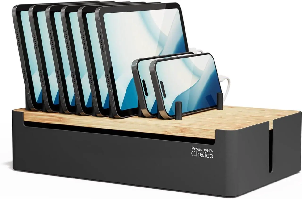 Main image of Choice Black Wooden Charging Station Organizer for Multiple Devices - Cable Management Box with 5 Slots and Removable Dividers - Charger Organizer for Phone, Tablet, Home, Office, 12"x6"x7"