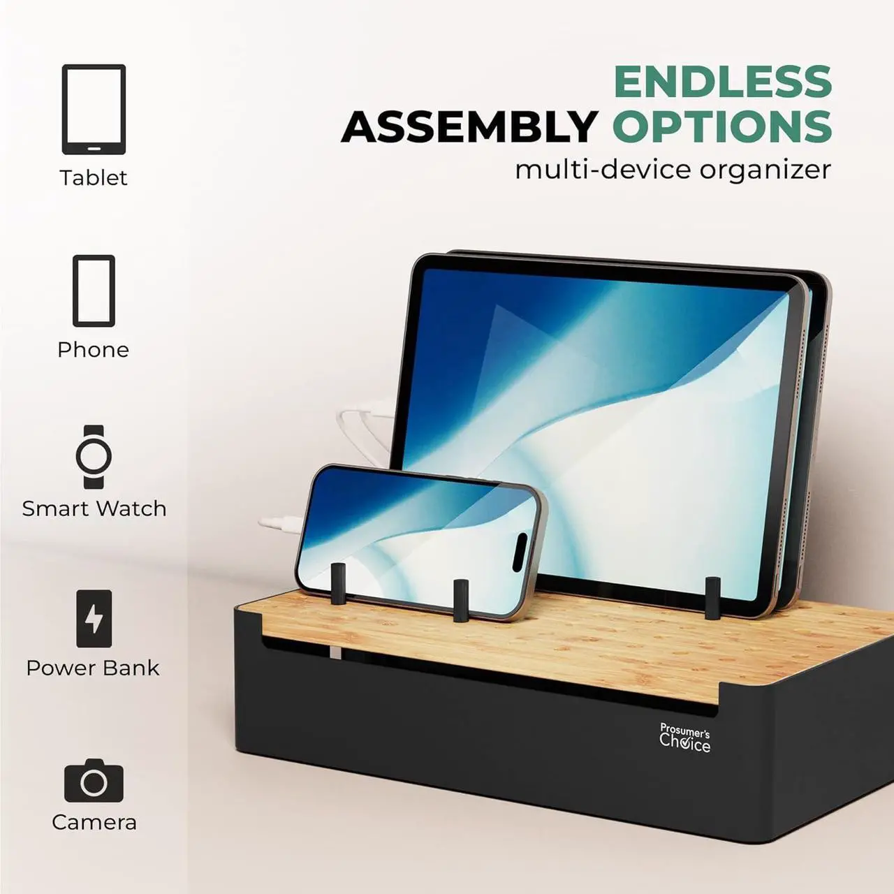 Alt view image 3 of 7 - Choice Black Wooden Charging Station Organizer for Multiple Devices - Cable Management Box with 5 Slots and Removable Dividers - Charger Organizer for Phone, Tablet, Home, Office, 12"x6"x7"