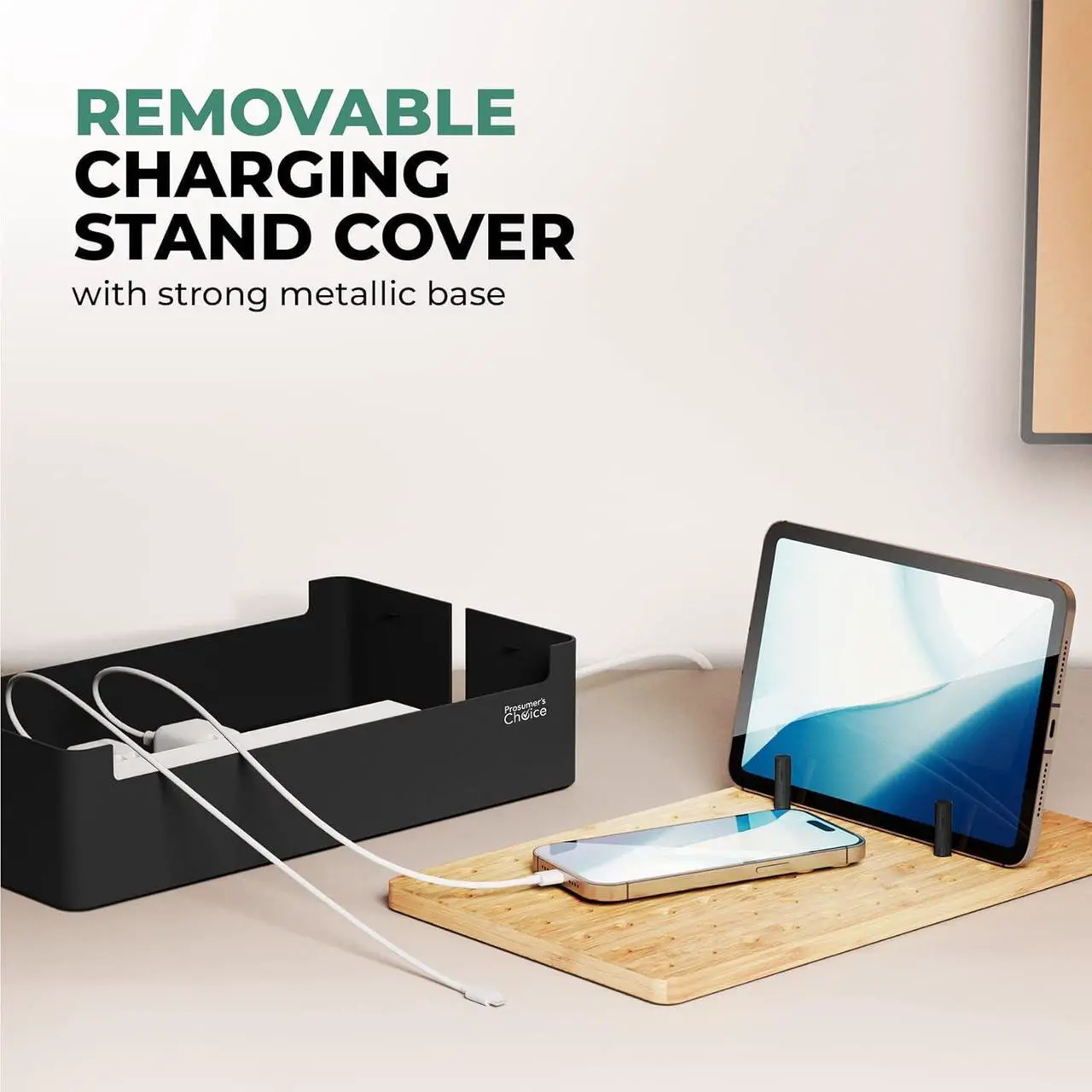 Alt view image 4 of 7 - Choice Black Wooden Charging Station Organizer for Multiple Devices - Cable Management Box with 5 Slots and Removable Dividers - Charger Organizer for Phone, Tablet, Home, Office, 12"x6"x7"