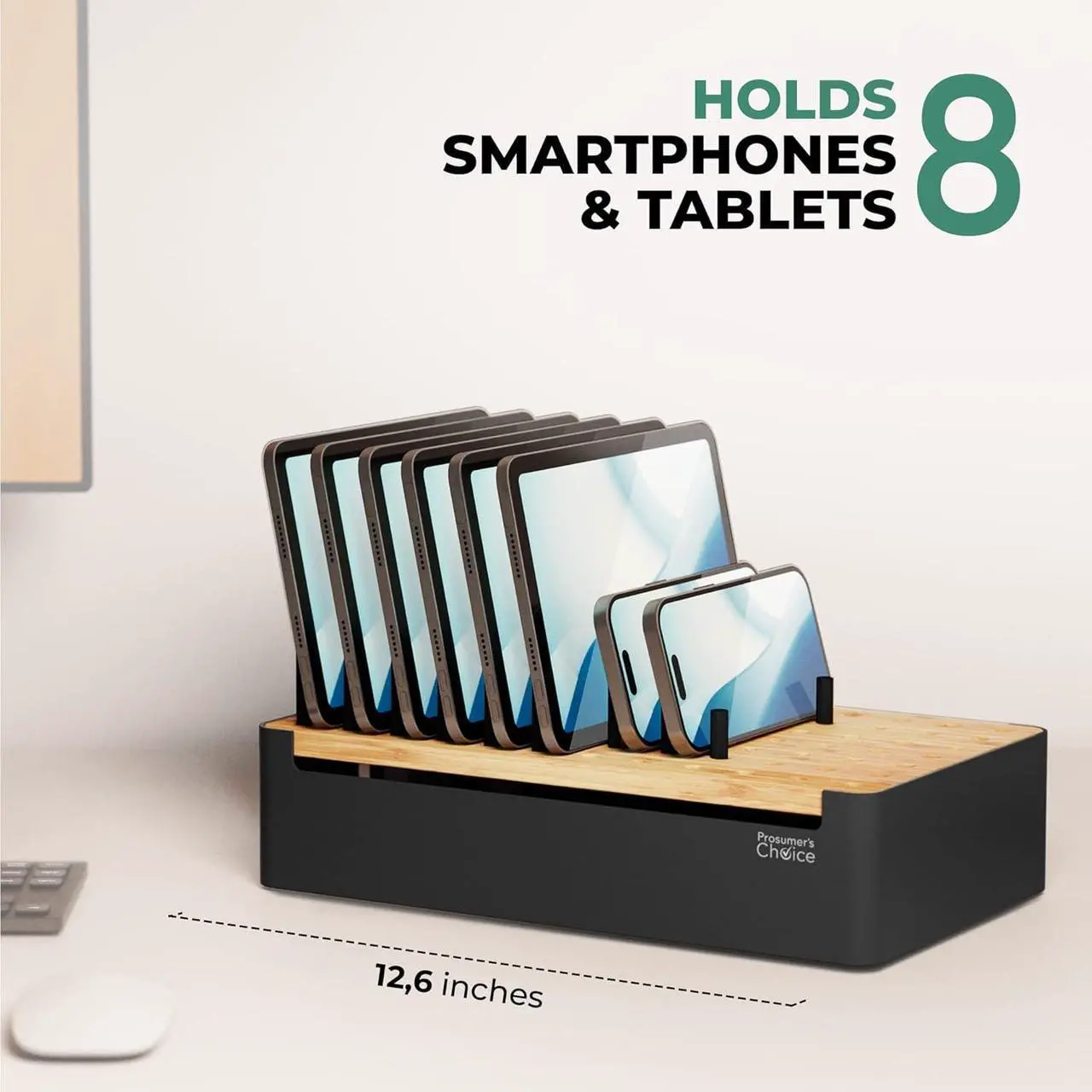 Alt view image 2 of 7 - Choice Black Wooden Charging Station Organizer for Multiple Devices - Cable Management Box with 5 Slots and Removable Dividers - Charger Organizer for Phone, Tablet, Home, Office, 12"x6"x7"