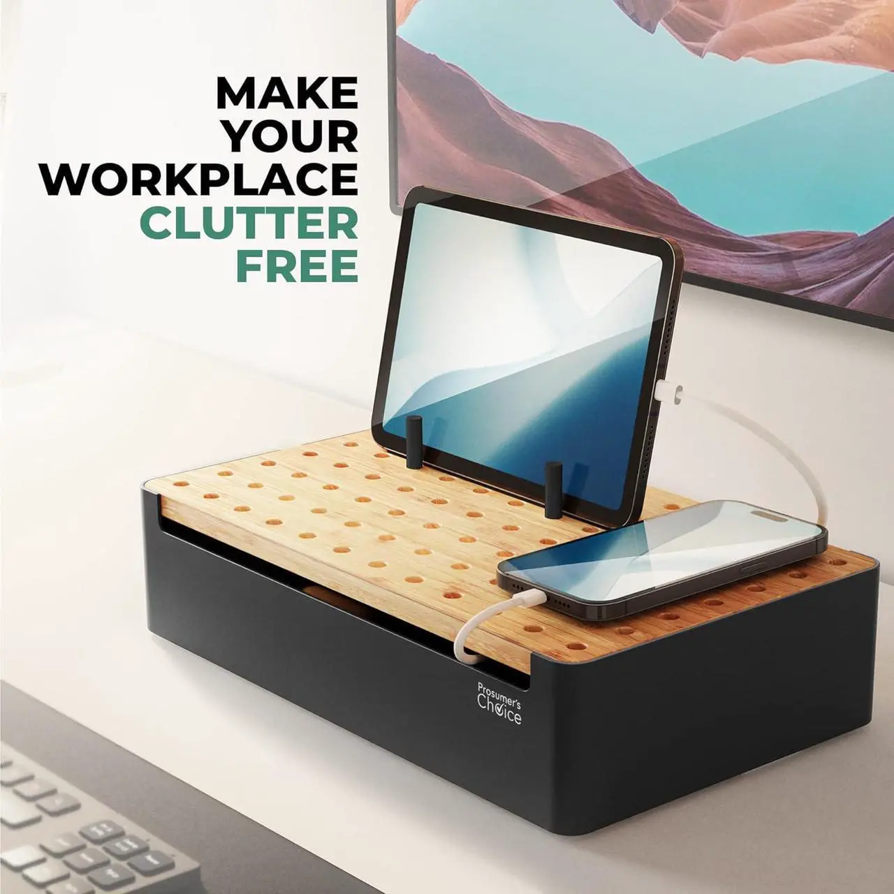 Alt view image 7 of 7 - Choice Black Wooden Charging Station Organizer for Multiple Devices - Cable Management Box with 5 Slots and Removable Dividers - Charger Organizer for Phone, Tablet, Home, Office, 12"x6"x7"
