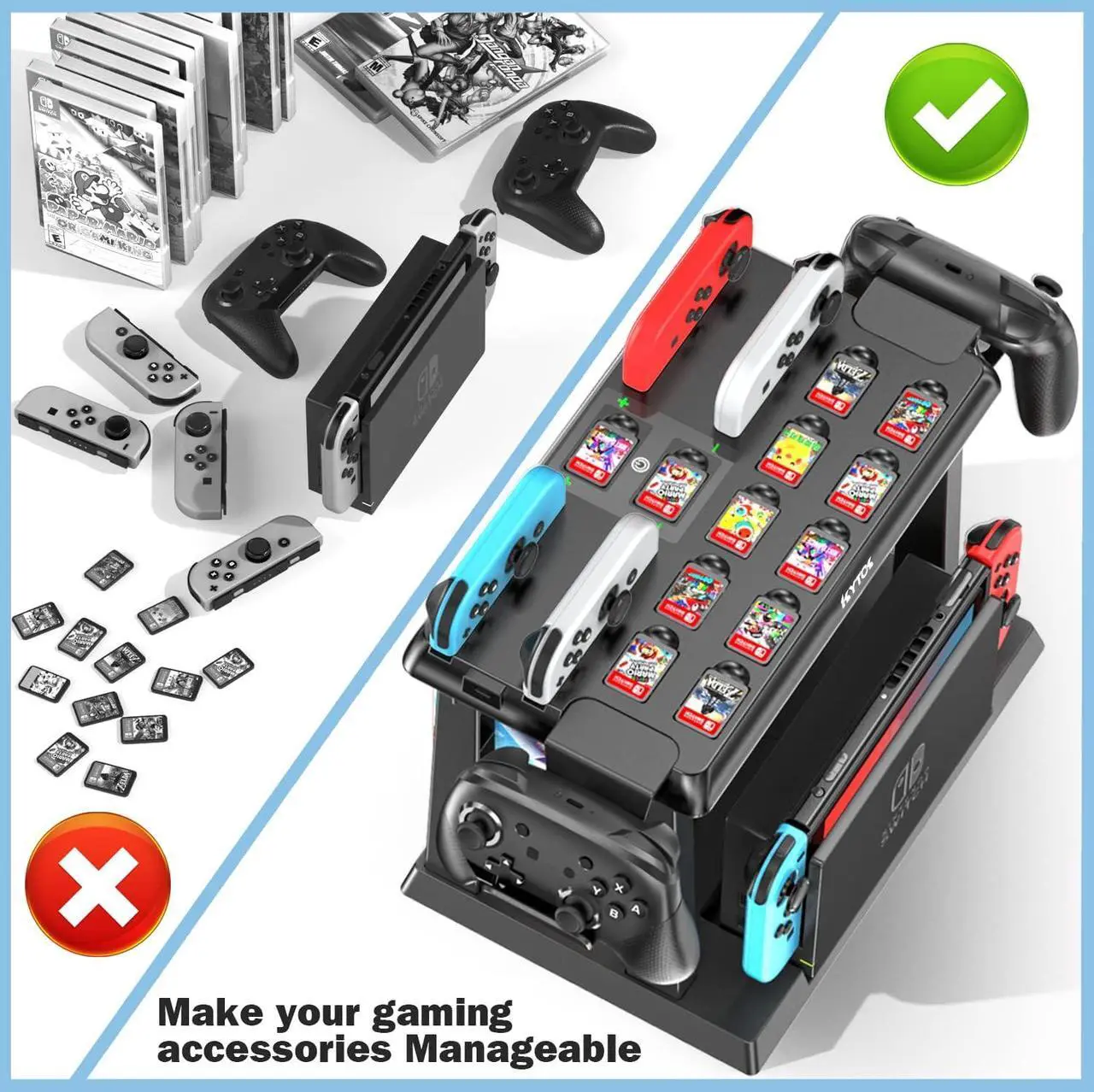 Alt view image 5 of 6 - Switch Games Organizer Station with Controller Charger, Charging Dock for Nintendo Switch & OLED Joycons, Kytok Switch Storage and Organizer for Games, TV Dock, Pro Controller, Accessories Kit