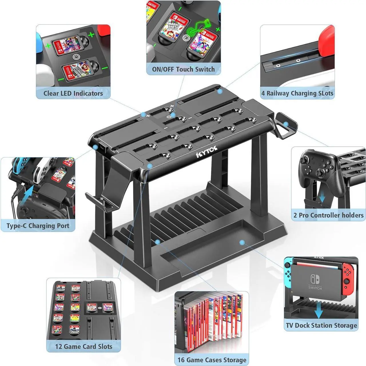 Alt view image 4 of 6 - Switch Games Organizer Station with Controller Charger, Charging Dock for Nintendo Switch & OLED Joycons, Kytok Switch Storage and Organizer for Games, TV Dock, Pro Controller, Accessories Kit