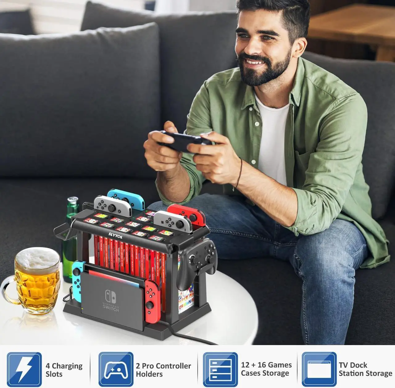 Alt view image 6 of 6 - Switch Games Organizer Station with Controller Charger, Charging Dock for Nintendo Switch & OLED Joycons, Kytok Switch Storage and Organizer for Games, TV Dock, Pro Controller, Accessories Kit