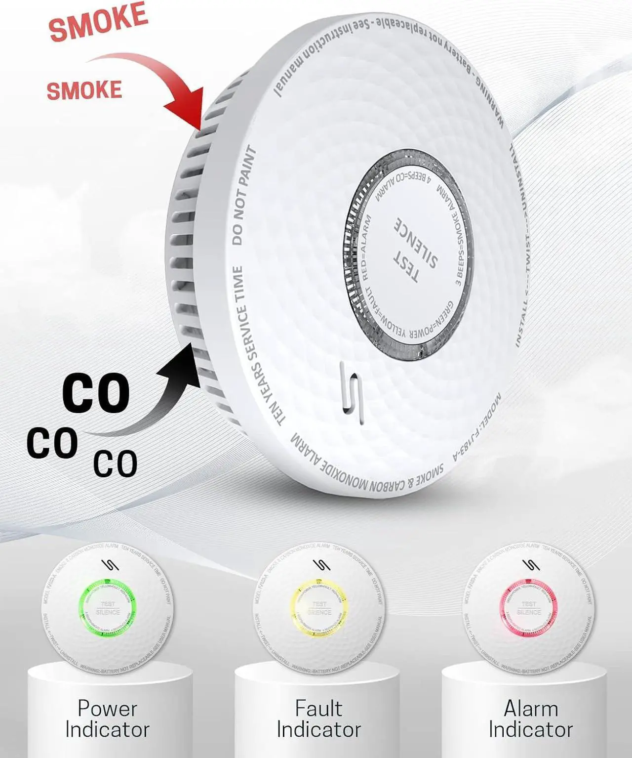 Alt view image 4 of 7 - Smoke and Carbon Monoxide Detector, Dual Sensor Smoke CO Alarm with Built-in Battery and Silence Function,FJ183-A,4 Packs