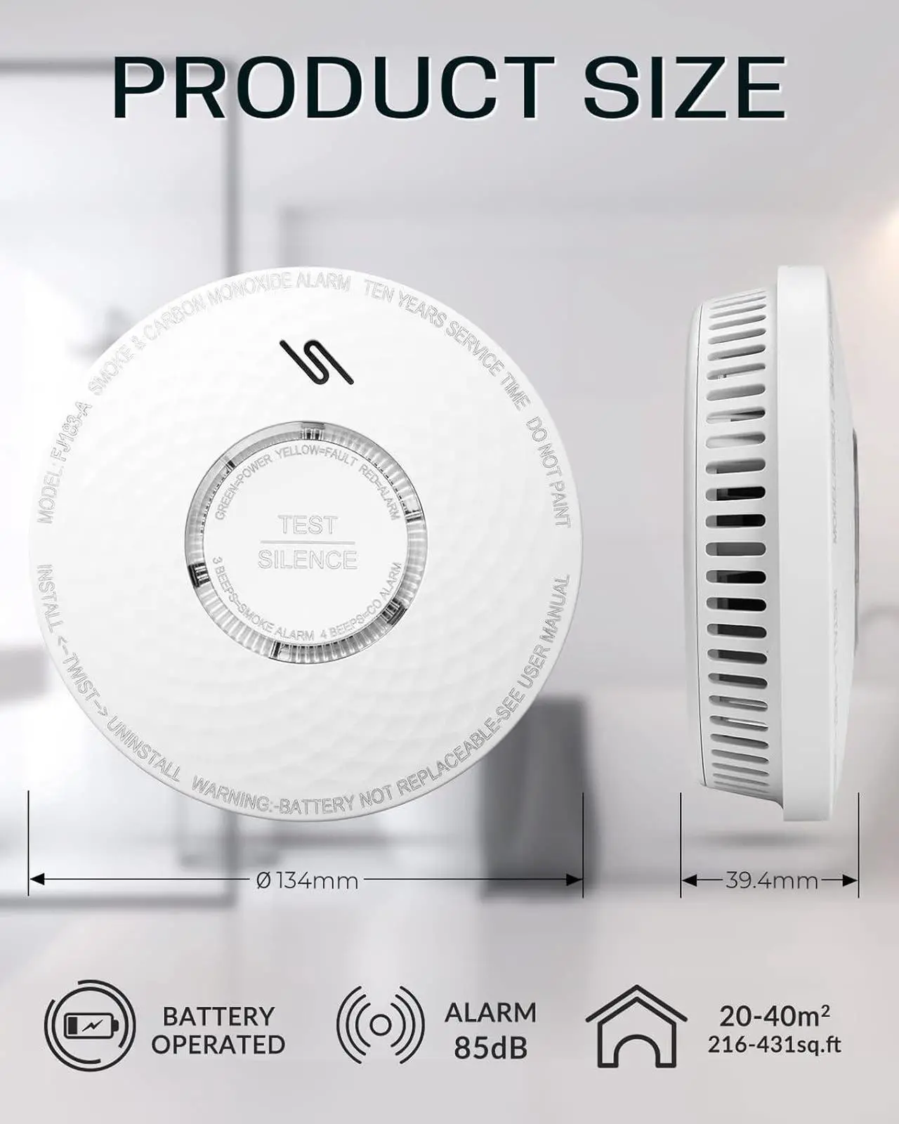 Alt view image 7 of 7 - Smoke and Carbon Monoxide Detector, Dual Sensor Smoke CO Alarm with Built-in Battery and Silence Function,FJ183-A,4 Packs